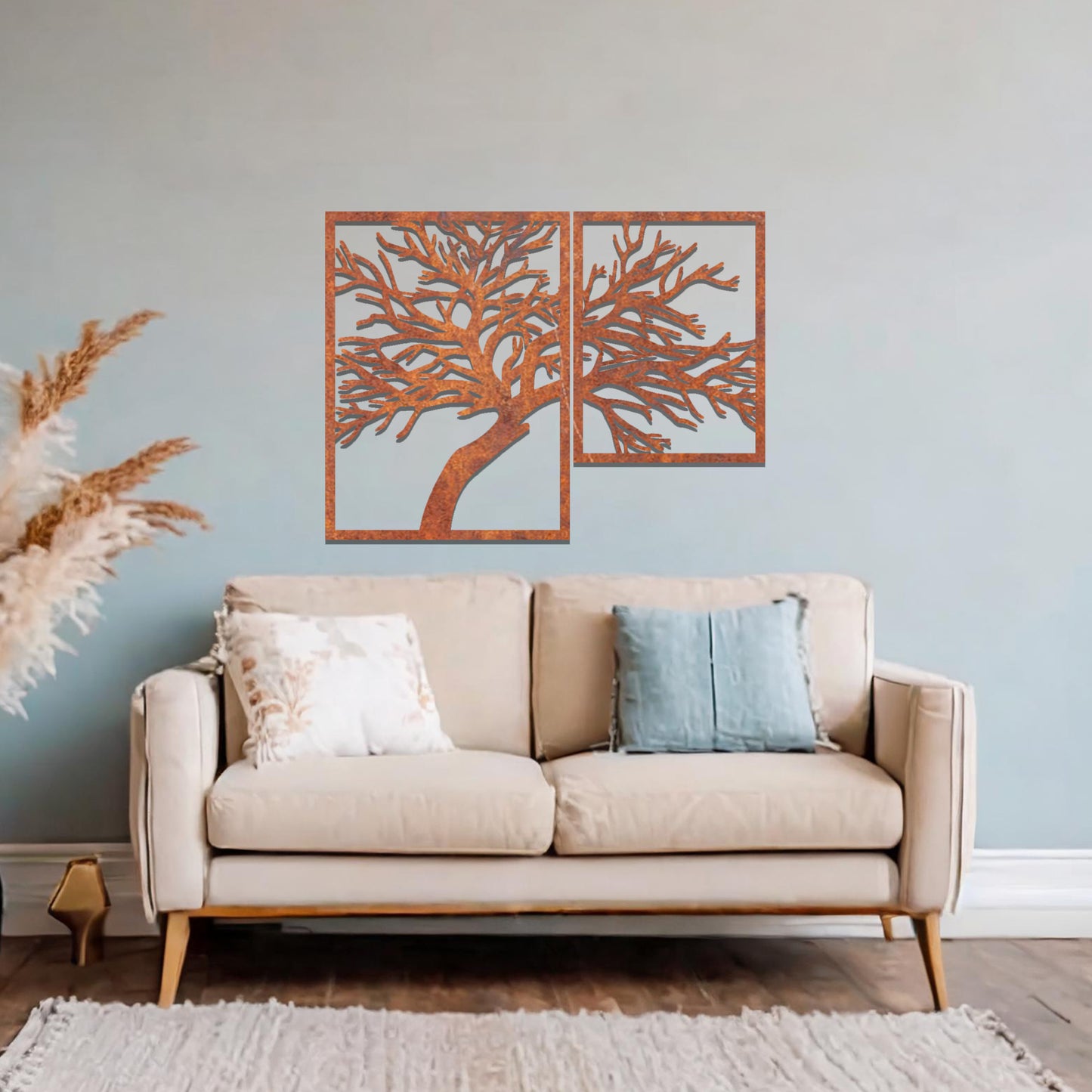 Metal wall art featuring a two-panel design with an intricate tree silhouette, mounted on a neutral wall within modern bedroom decor. The rust finish adds warmth, and the detailed branches create a beautiful and organic focal point.