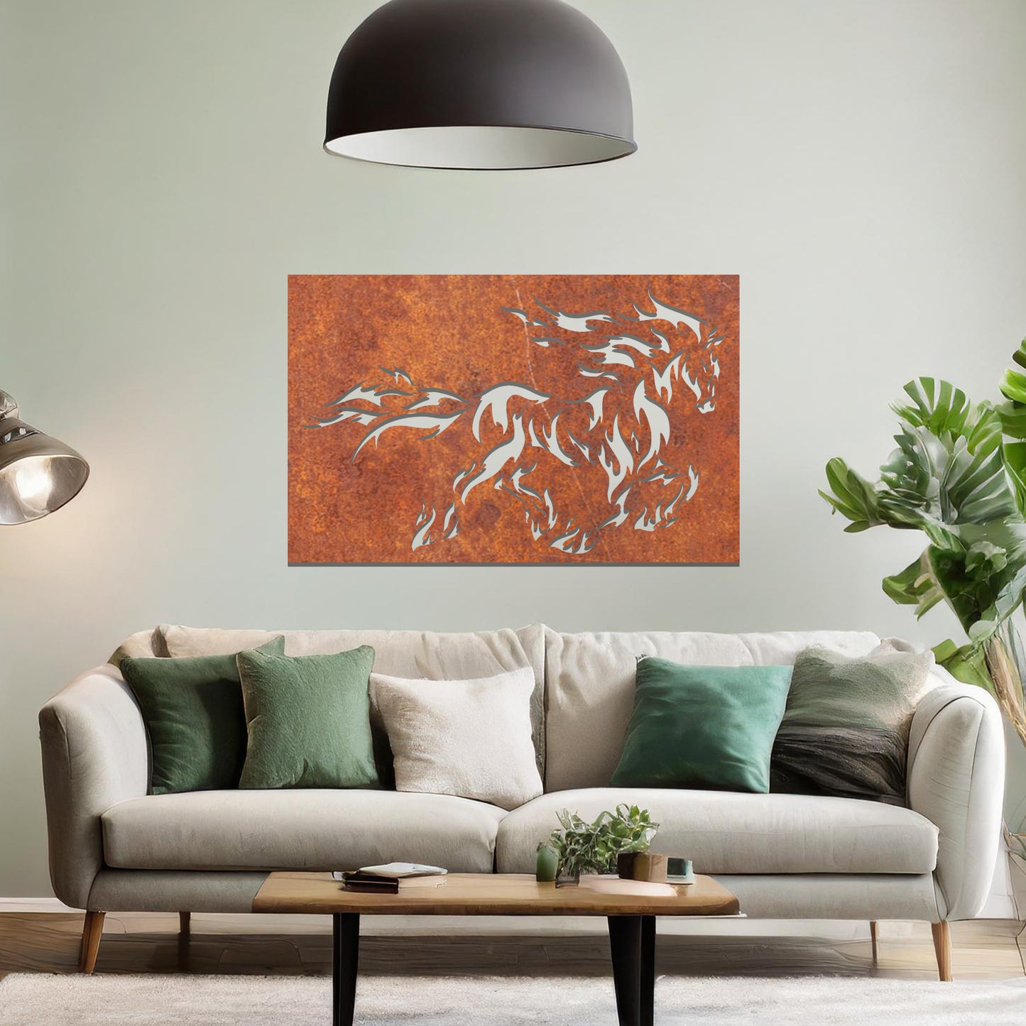 A metal wall art design featuring a powerful horse in motion, with flames integrated into its mane and tail, creating a dynamic and dramatic effect. The artwork is displayed on a neutral wall within a modern setting, enhancing the space's bold, stylish look.