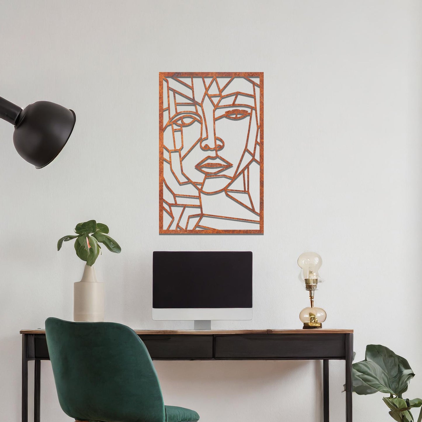 Abstract geometric face design with angular lines and sharp contours, creating a unique and modern look. The art is displayed on a neutral wall in a stylish room with contemporary furniture and vibrant flowers.