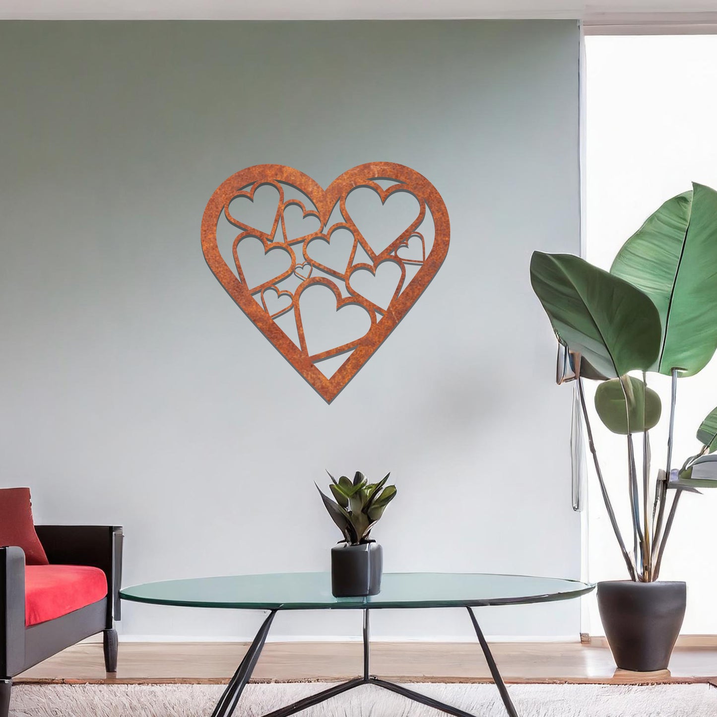 Modern heart-shaped wall art featuring a pattern of interconnected hearts, creating a stylish and romantic accent for your living space.
