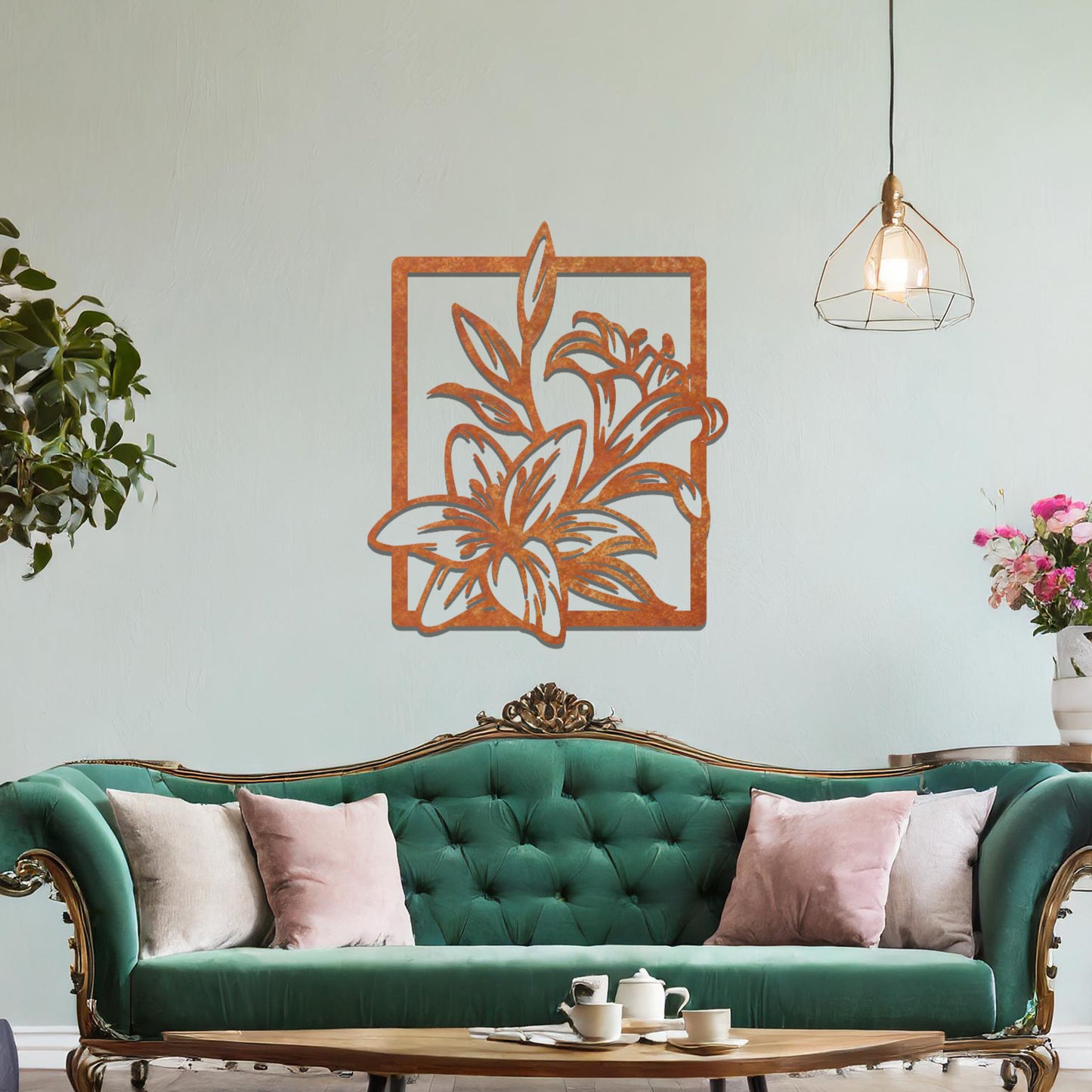 Metal wall art featuring a rectangular design with elegant floral motifs, including detailed lilies and leaves, adding a touch of sophistication and natural beauty to the space.