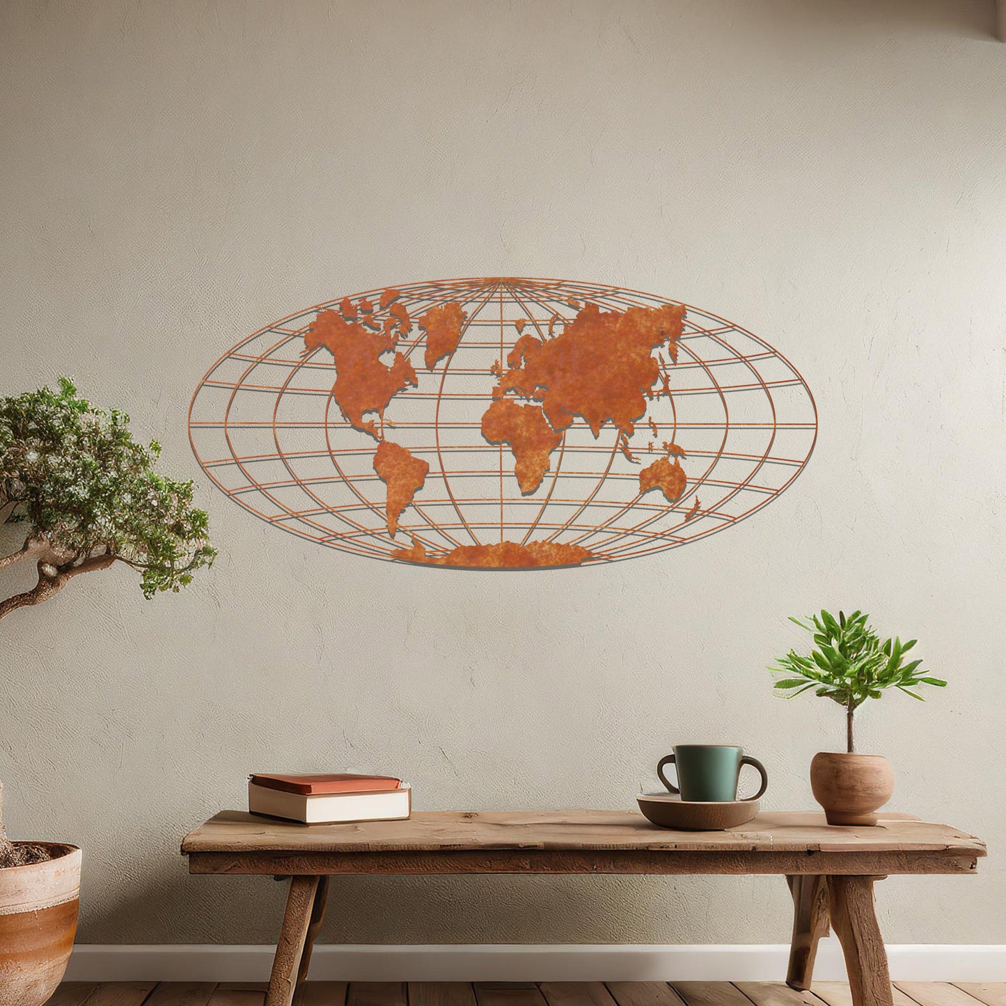 Metal wall art featuring a detailed world map design within an oval grid pattern, crafted with precise laser-cut techniques, displayed on a neutral wall within modern decor.
