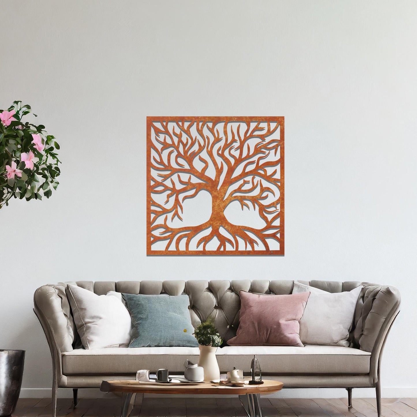 Wall art design showcasing a silhouette of a tree with intricate branches and roots, framed in a square, symbolising strength and growth through its detailed organic pattern.