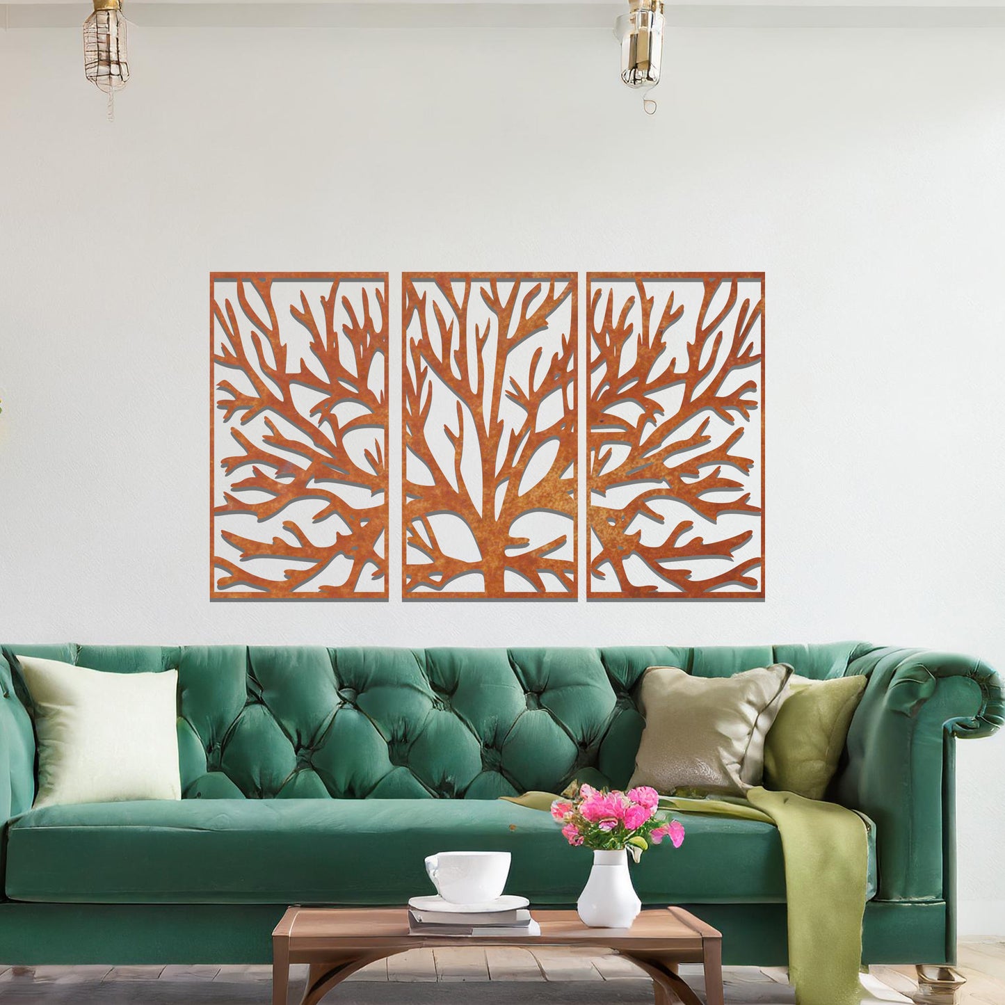 Metal wall art design featuring a stylized tree with intricate branches, presented in a triptych layout. The design captures detailed, organic lines forming the tree’s structure, emphasizing the natural flow and texture of the branches. The art is displayed on a neutral wall.