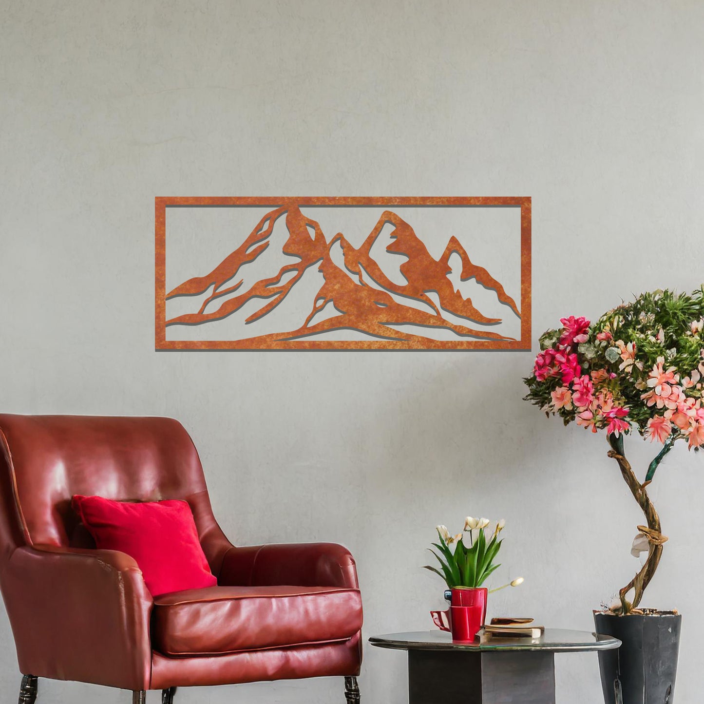 A captivating wall art design featuring a majestic mountain range, crafted with clean lines and artistic contours to evoke a sense of adventure and natural beauty. Perfect for enhancing your interior aesthetic.