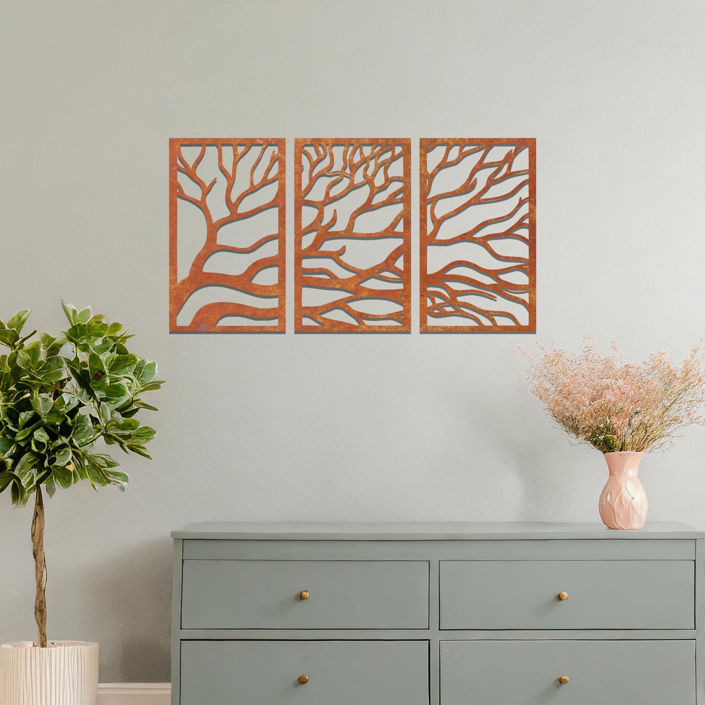 Three-panel tree design featuring intricate, flowing branches, offering a unique and organic aesthetic for modern wall decor.
