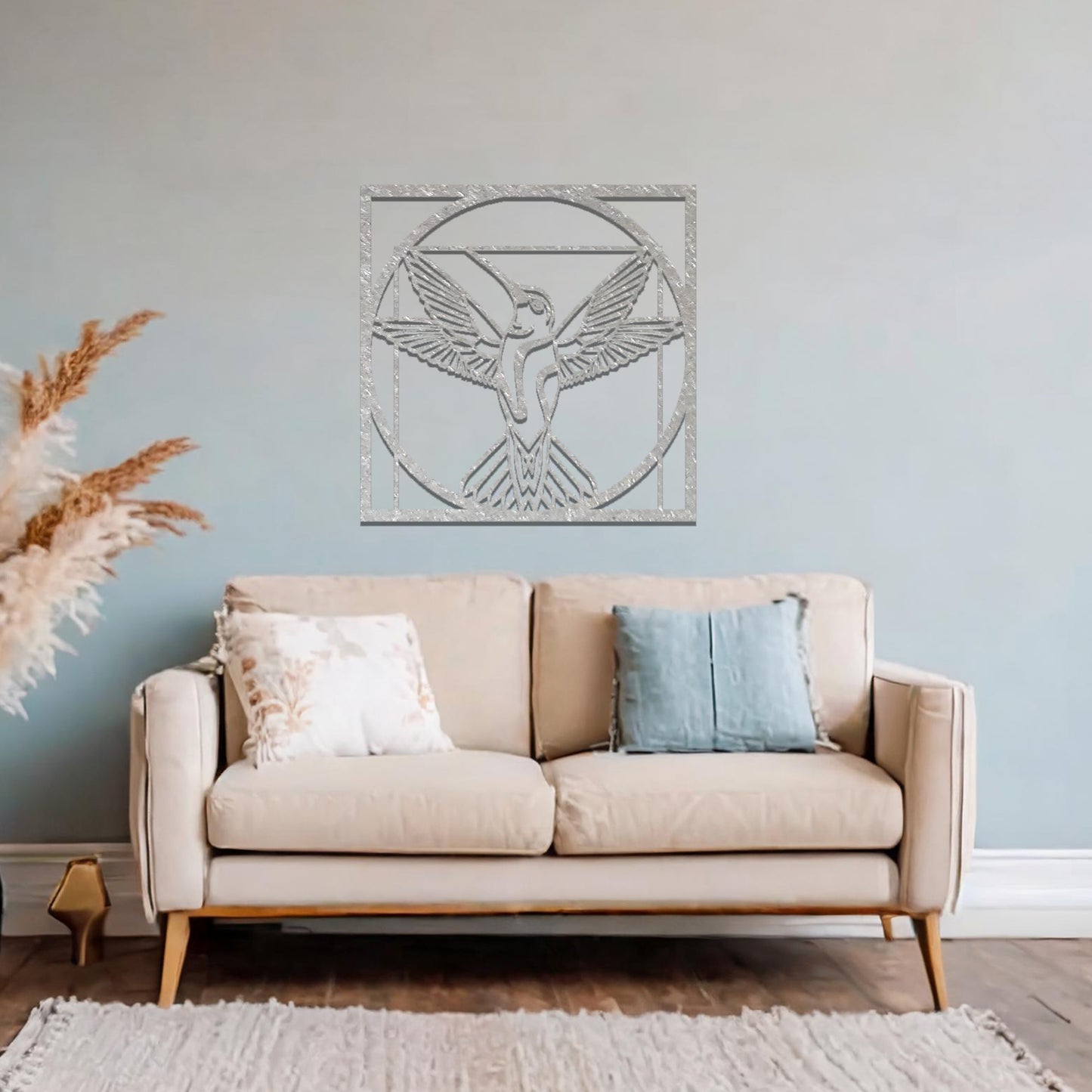 Square wall art featuring a hummingbird in a geometric frame, its wings spread gracefully within a circular design, adding a harmonious and elegant focal point to your space.