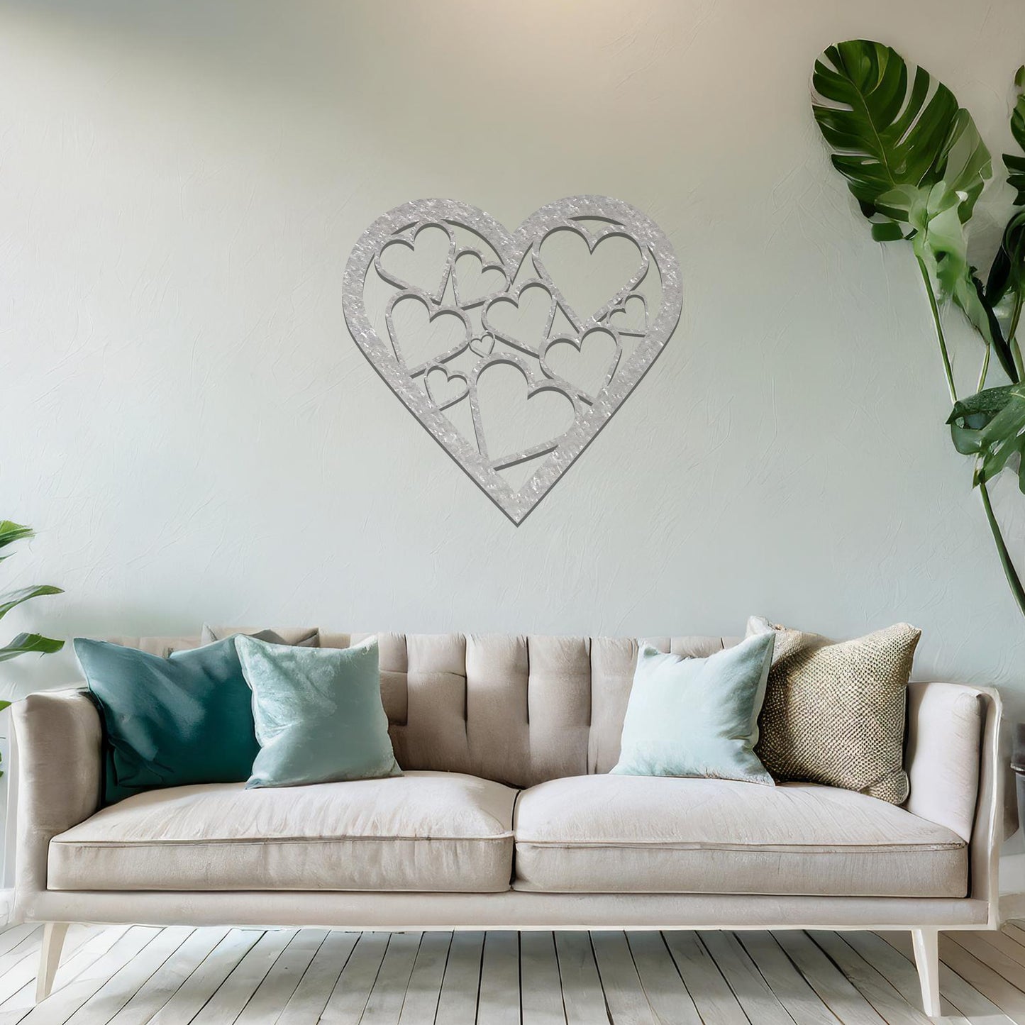 Modern heart-shaped wall art featuring a pattern of interconnected hearts, creating a stylish and romantic accent for your living space.