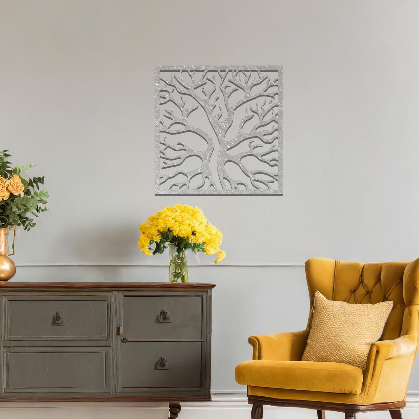 Abstract tree design with intricate branches, framed in a square shape, creating a bold and artistic look for modern wall decor.