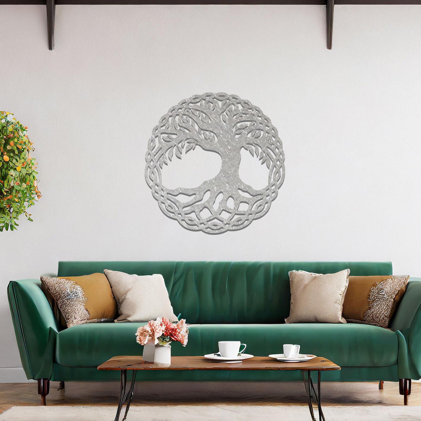 Metal wall art featuring a circular tree of life design with intricate roots and branches enclosed in a detailed border, crafted with precise laser-cut techniques, displayed on a neutral wall within modern decor.