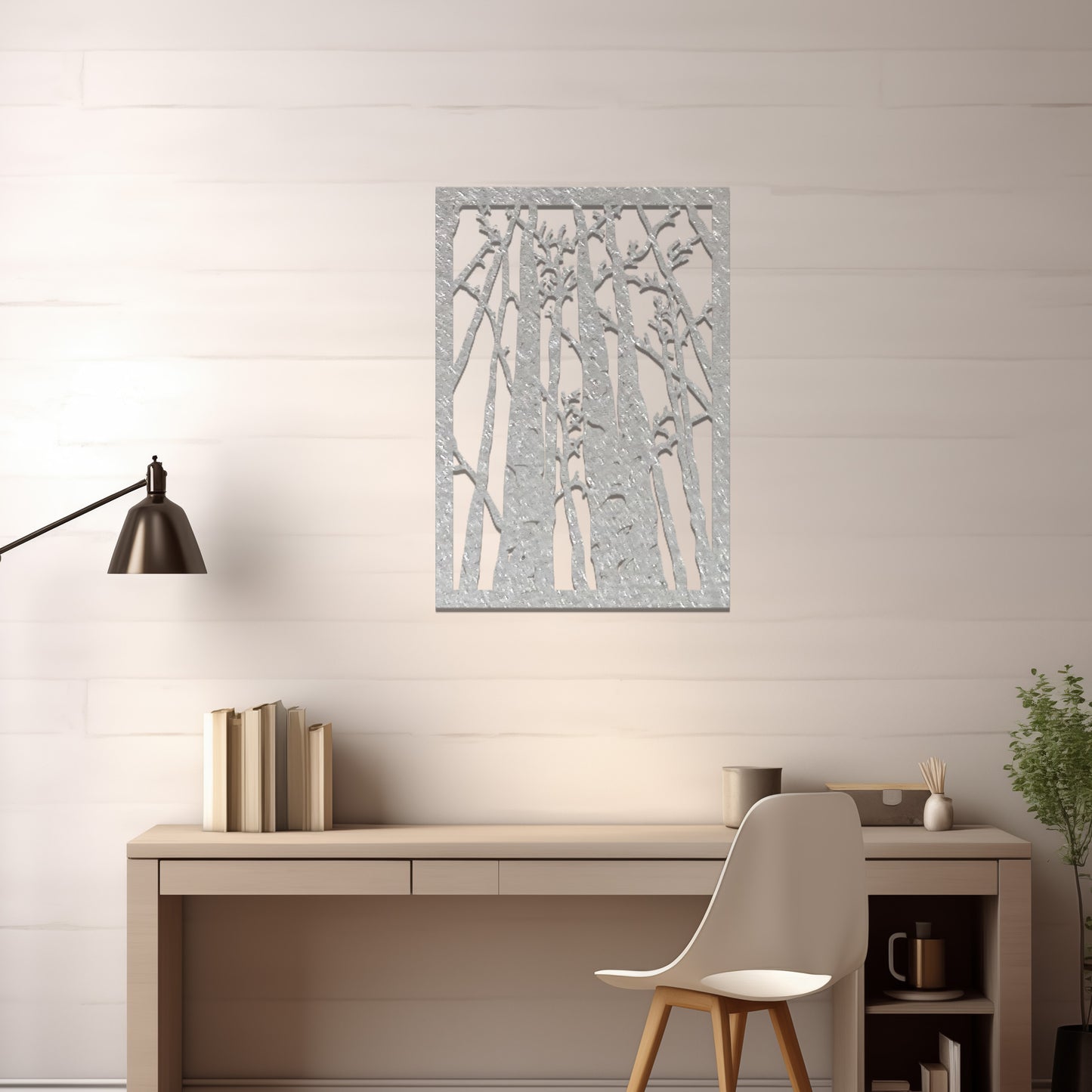 Metal wall art featuring a rectangular design of tall trees with bare branches, showcasing intricate details, displayed on a neutral wall within modern decor.
