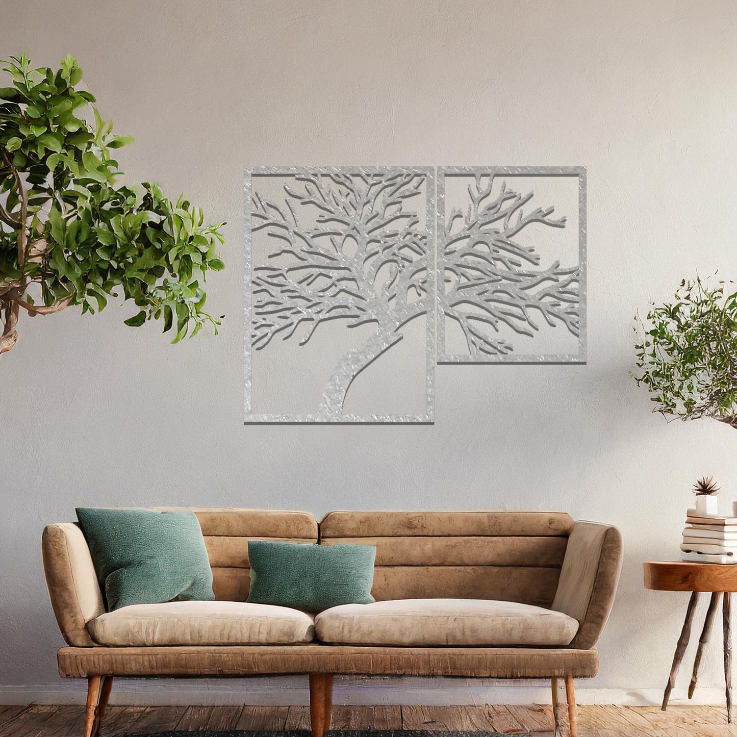 Metal wall art featuring a two-panel design with an intricate tree silhouette, mounted on a neutral wall within modern bedroom decor. The rust finish adds warmth, and the detailed branches create a beautiful and organic focal point.