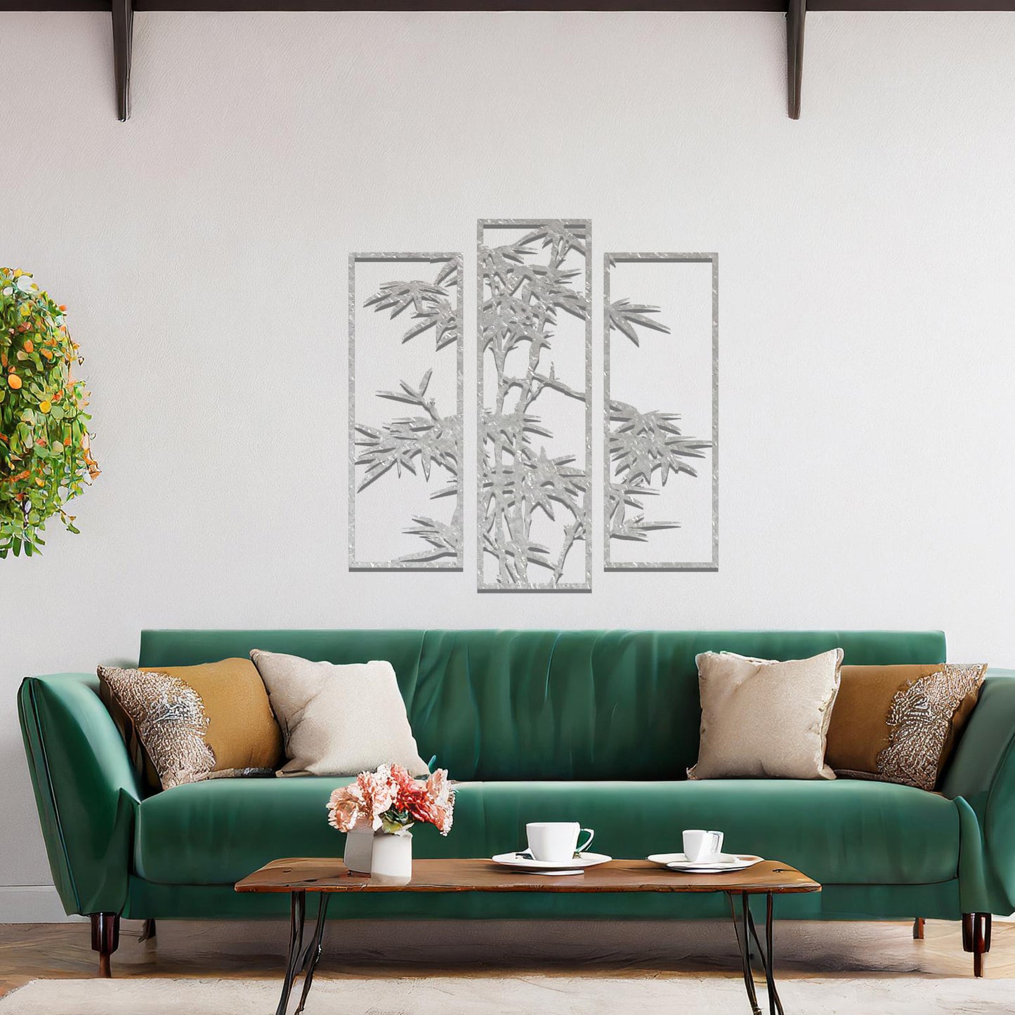 Metal wall art featuring a three-panel bamboo design with intricate leaves and stems, crafted with precise laser-cut detailing, displayed on a neutral wall within modern decor.