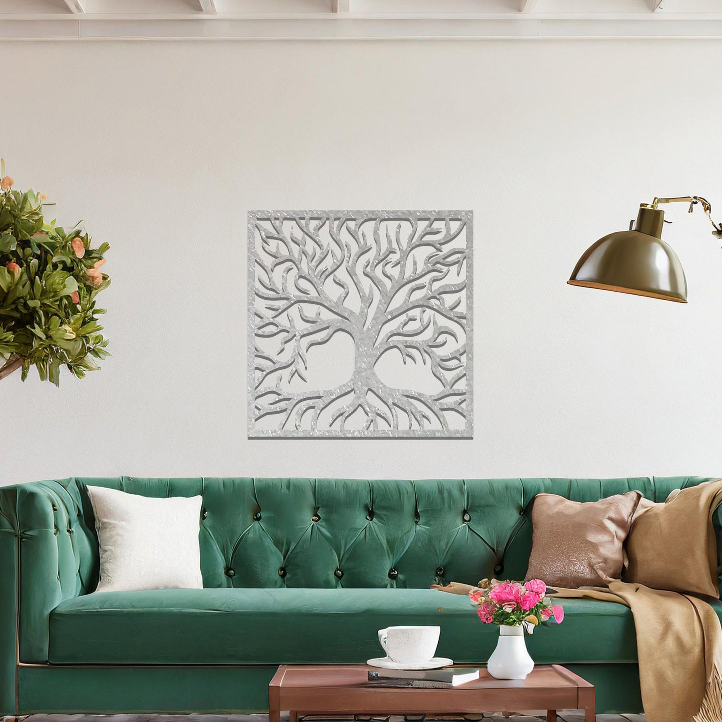 Wall art design showcasing a silhouette of a tree with intricate branches and roots, framed in a square, symbolising strength and growth through its detailed organic pattern.
