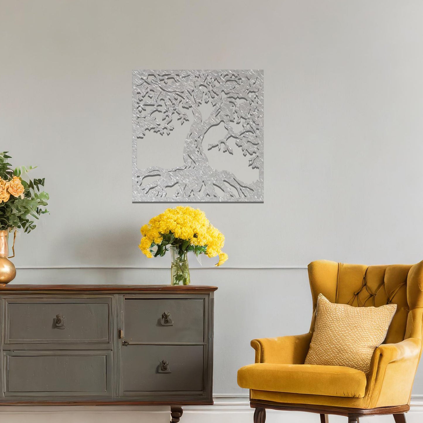 Wall art design featuring a tree with detailed roots and branches, showcasing intricate organic shapes. The tree's silhouette is framed within a square, symbolising growth, strength, and nature.