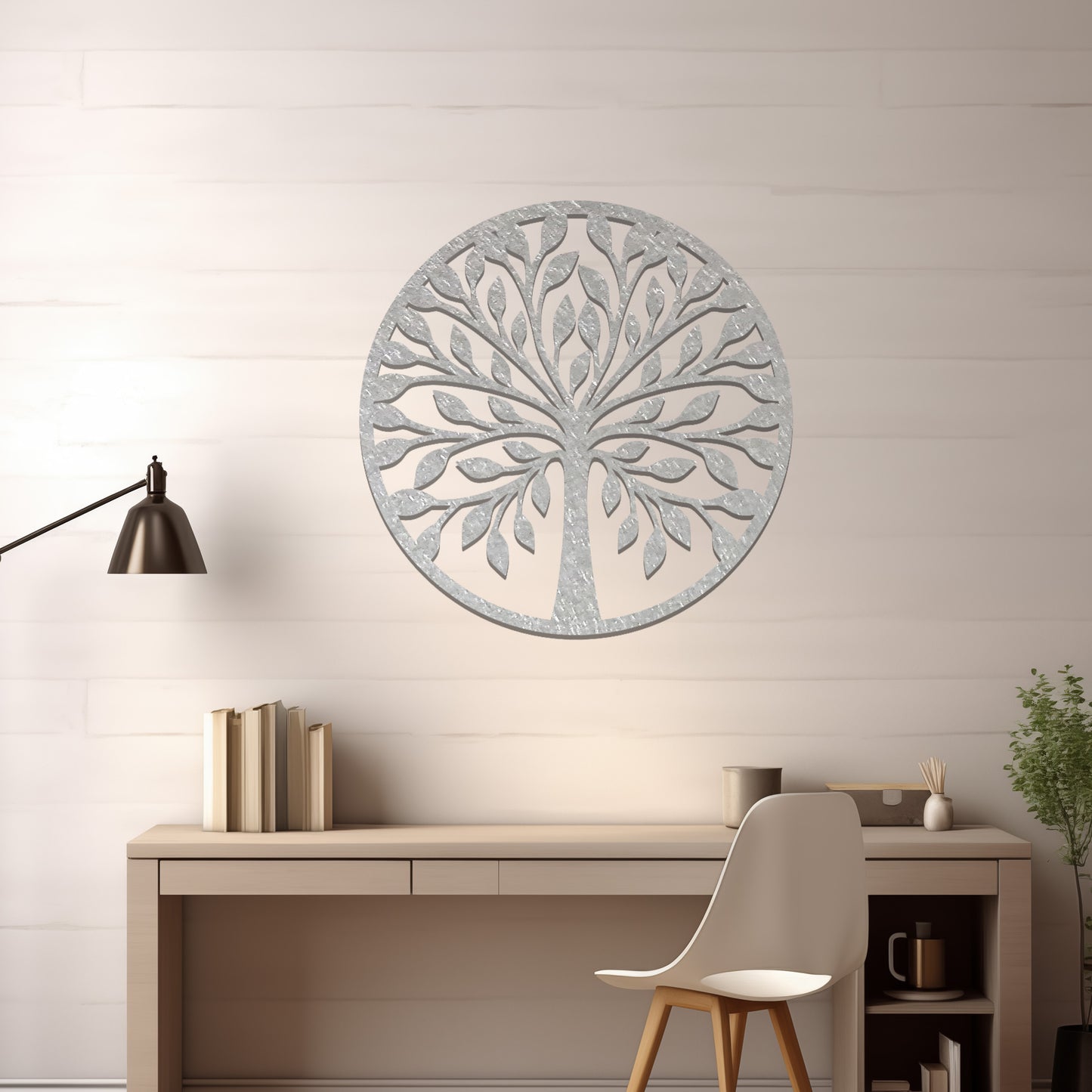 Metal wall art featuring a circular tree design with symmetrical branches and leaves, creating a balanced and nature-inspired focal point for the room.