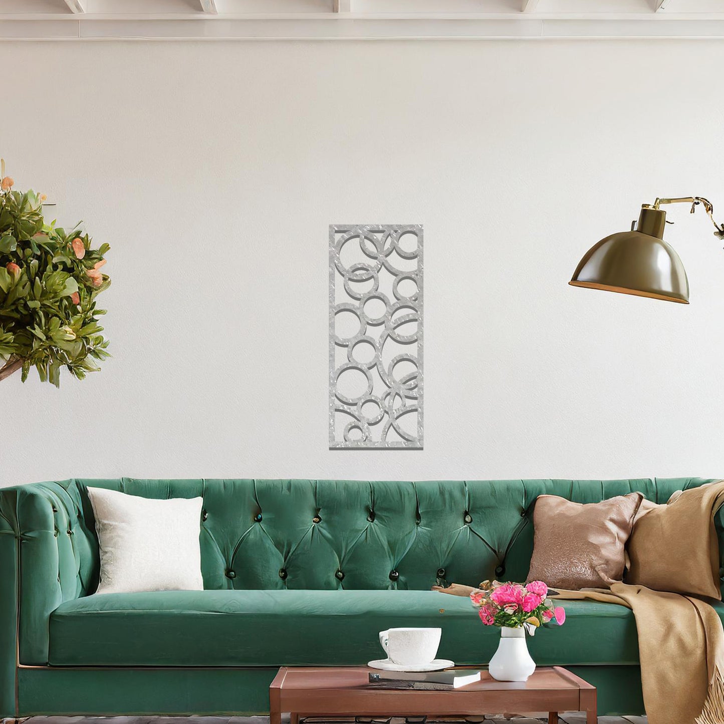 Geometric wall art design featuring an arrangement of overlapping and varying-sized circles, creating a dynamic and modern aesthetic.