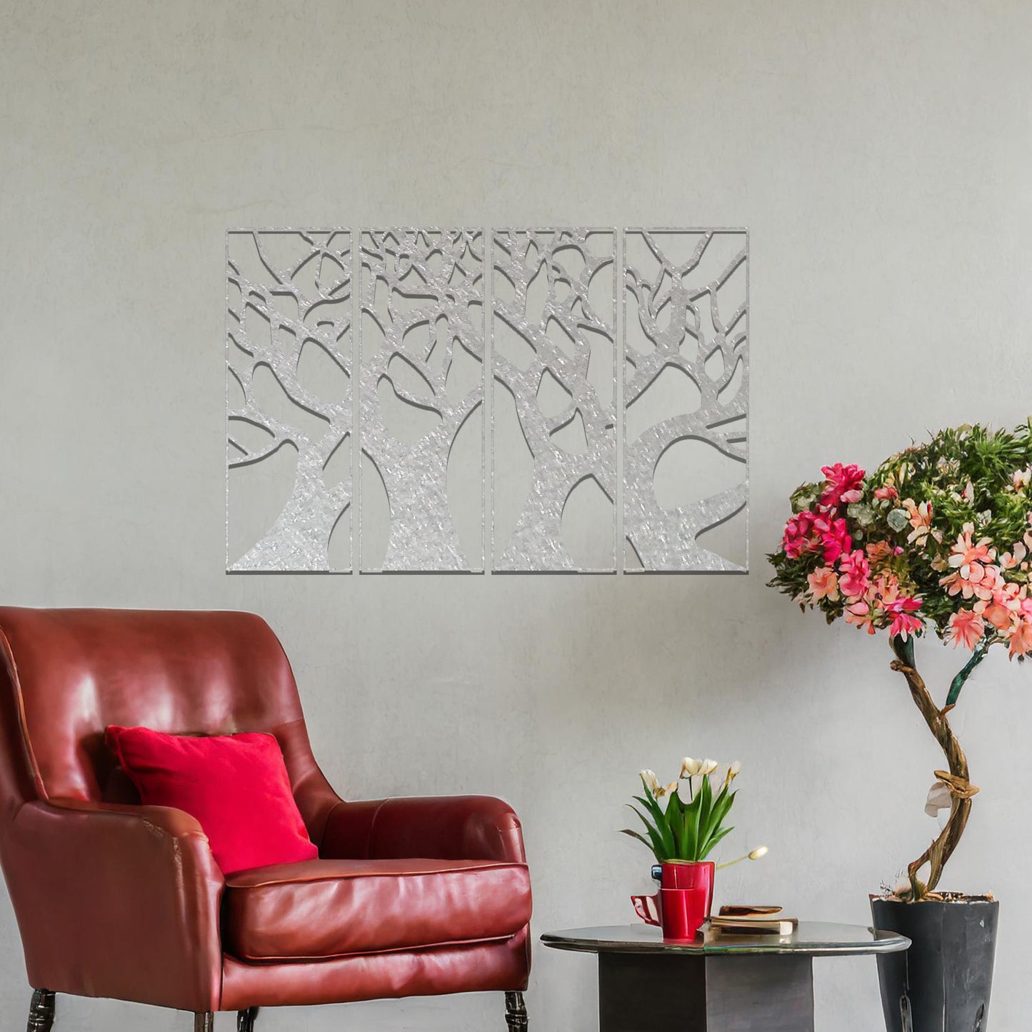 Metal wall art featuring a four-panel design of interconnected tree trunks and branches, showcasing intricate details and organic shapes, creating a striking and nature-inspired statement piece for the interior.
