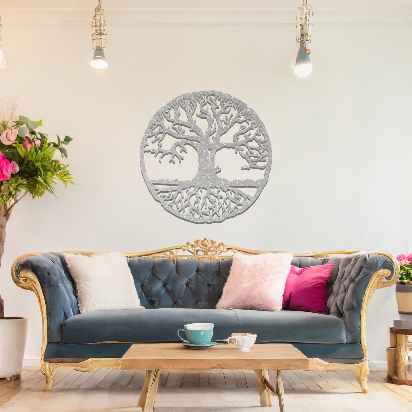 A captivating tree of life design enclosed in a circular frame, highlighting intricate branches and roots. This wall art symbolises harmony, growth, and connection, making it a meaningful addition to any interior space.