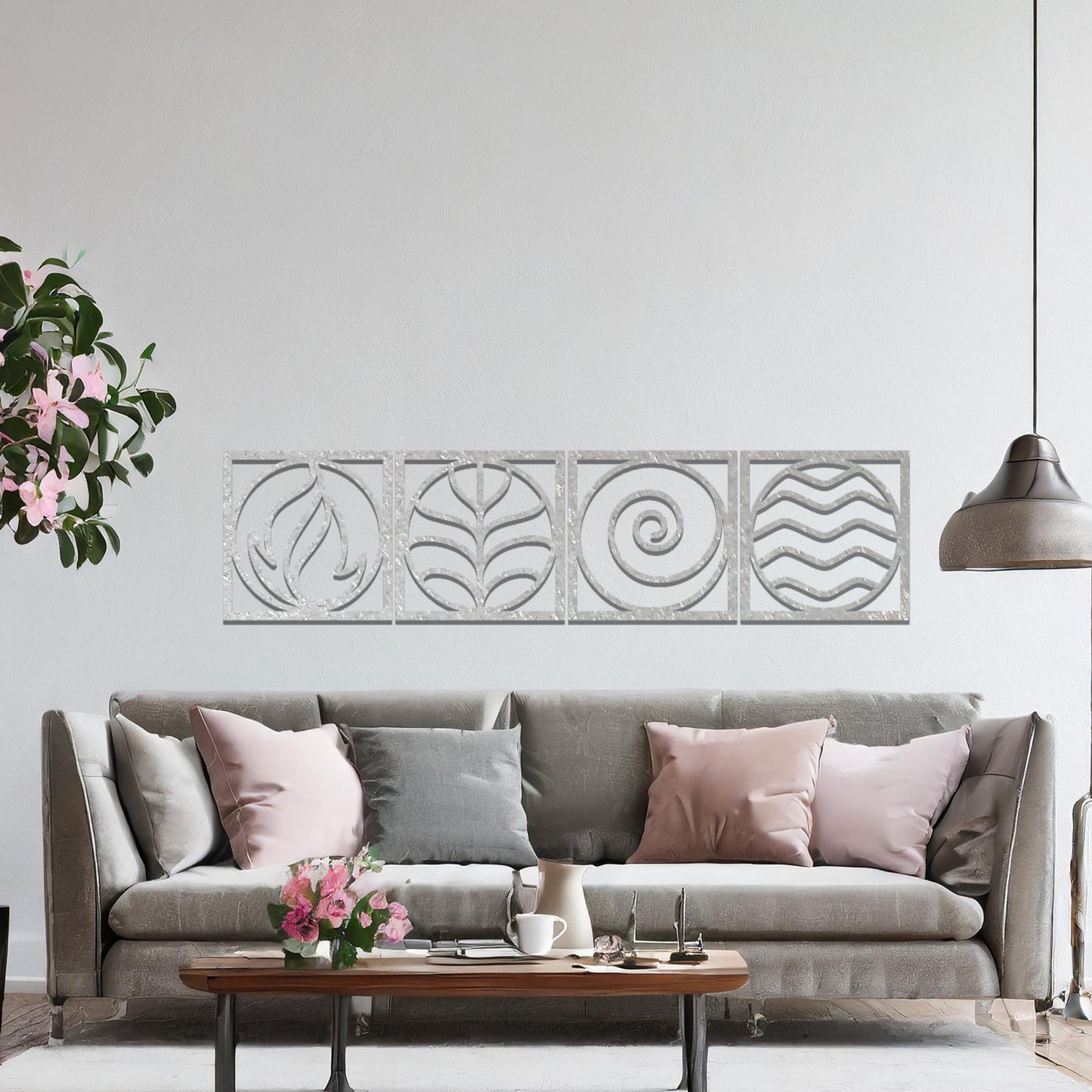 A geometric representation of the four classical elements: fire, earth, air, and water, displayed in a minimalist, rust-effect design. Each symbol is framed for a balanced and artistic look.