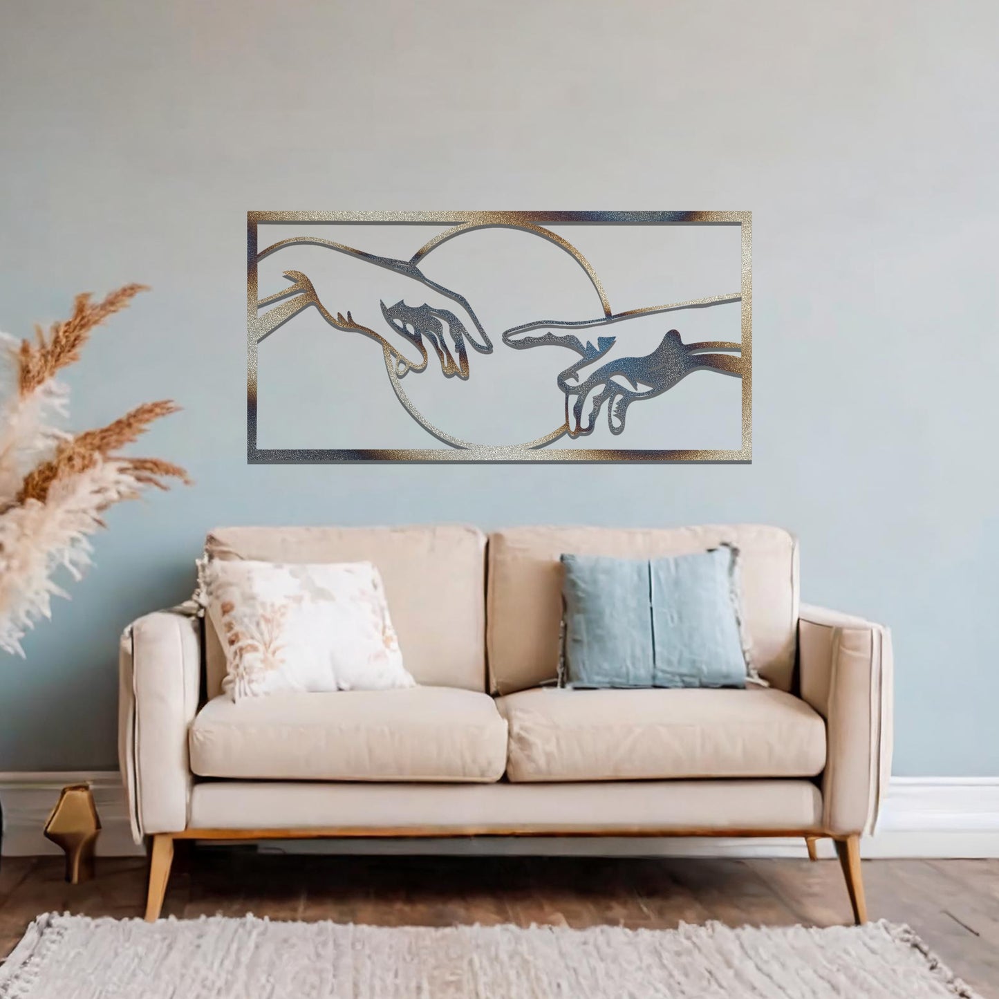 Inspired by Michelangelo’s "Creation of Adam," this artistic design captures the iconic moment of two hands almost touching within a circular frame. A timeless representation of connection and artistry.