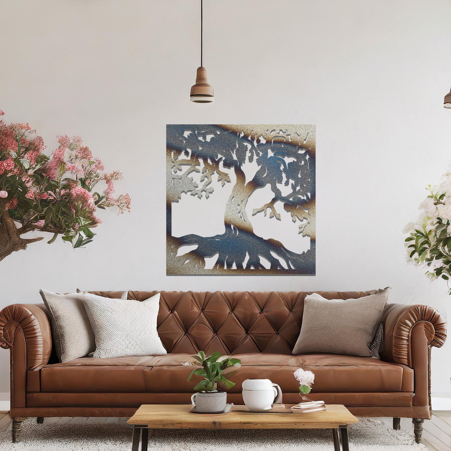 Wall art design featuring a tree with detailed roots and branches, showcasing intricate organic shapes. The tree's silhouette is framed within a square, symbolising growth, strength, and nature.
