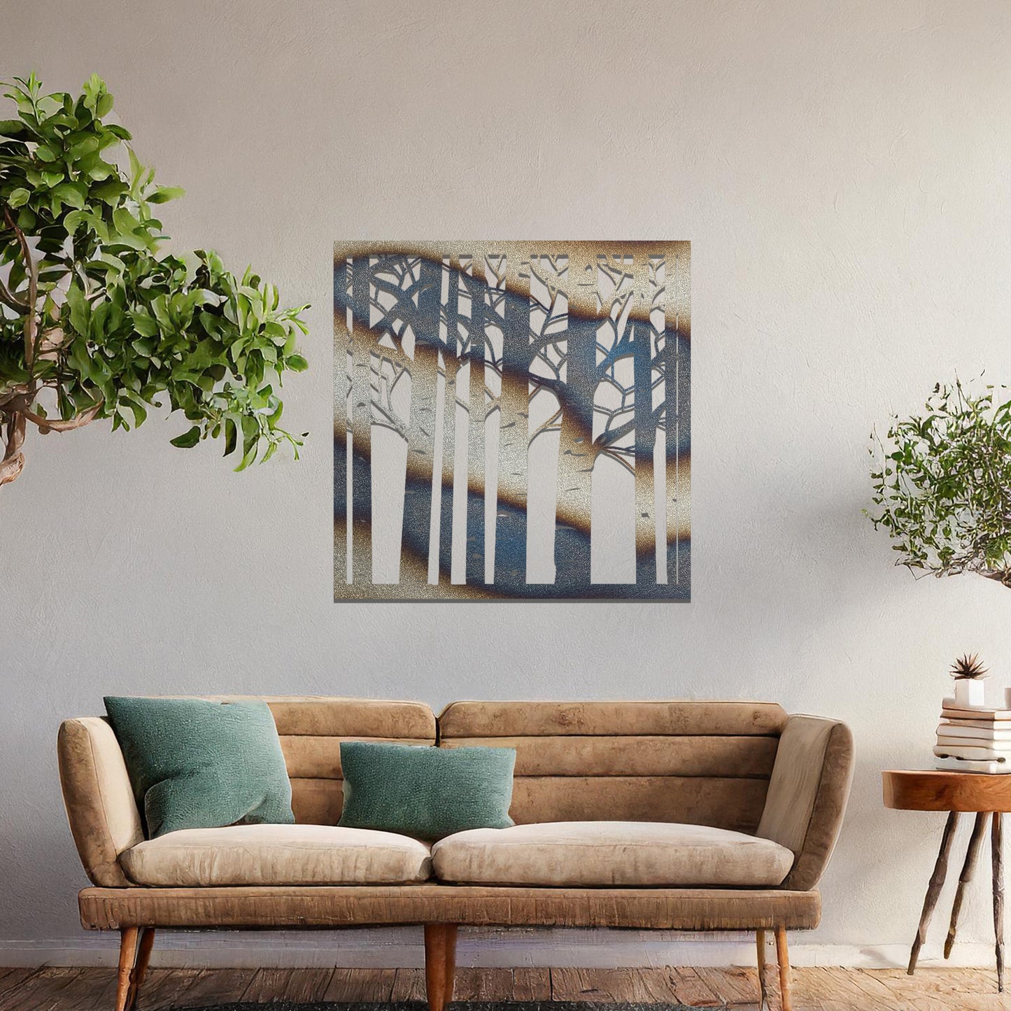 Metal wall art featuring a square design with a detailed forest of tall birch trees, mounted on a neutral wall within modern decor. The intricate silhouette adds a natural and elegant focal point to the room.