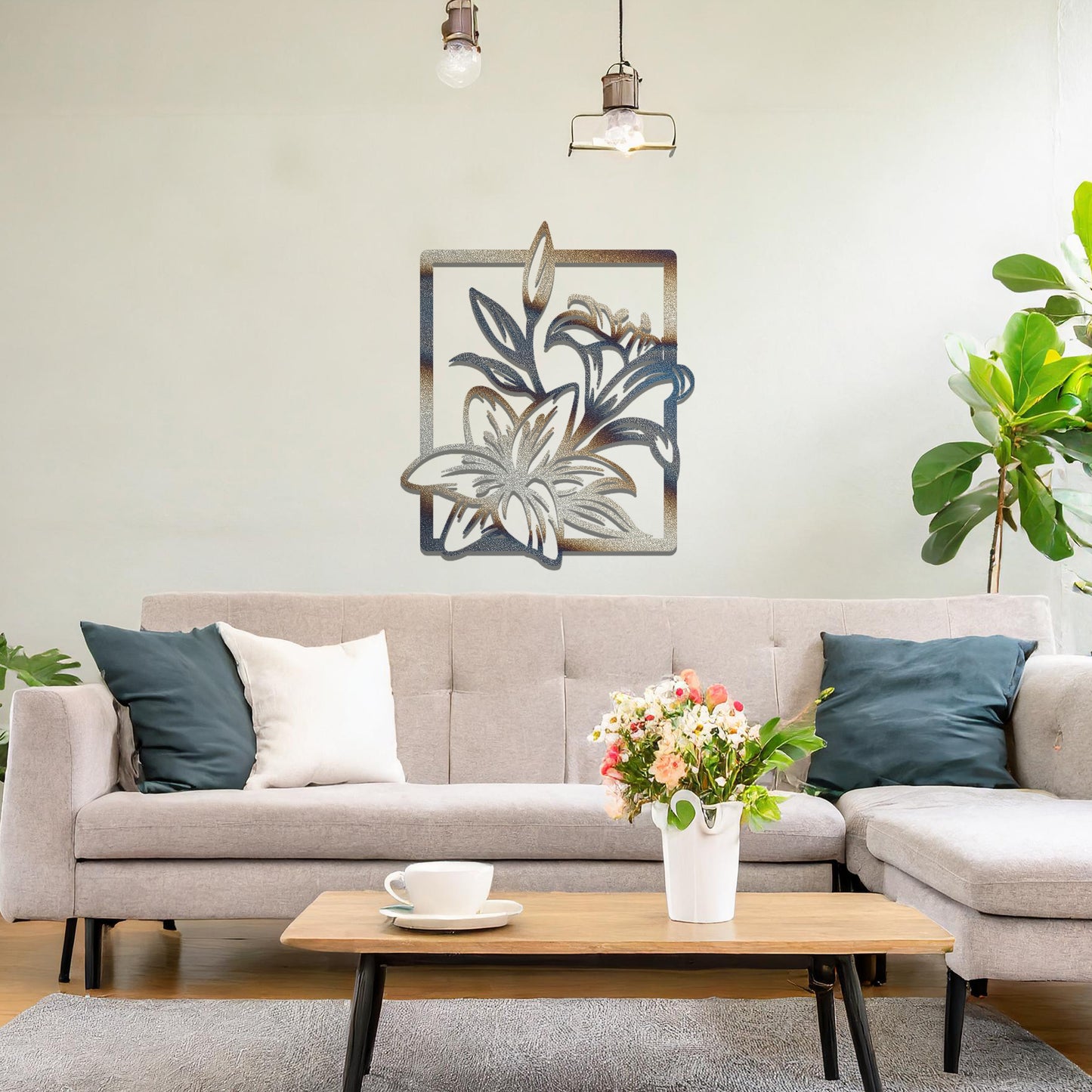 Metal wall art featuring a rectangular design with elegant floral motifs, including detailed lilies and leaves, adding a touch of sophistication and natural beauty to the space.