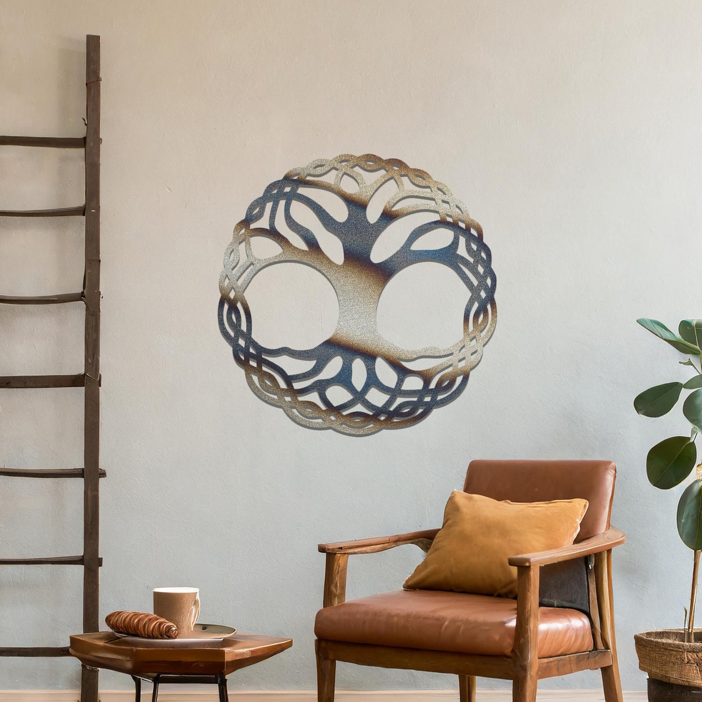Metal wall art featuring a circular tree of life design with intricately interwoven branches and roots, creating a harmonious and symbolic focal point for the room.