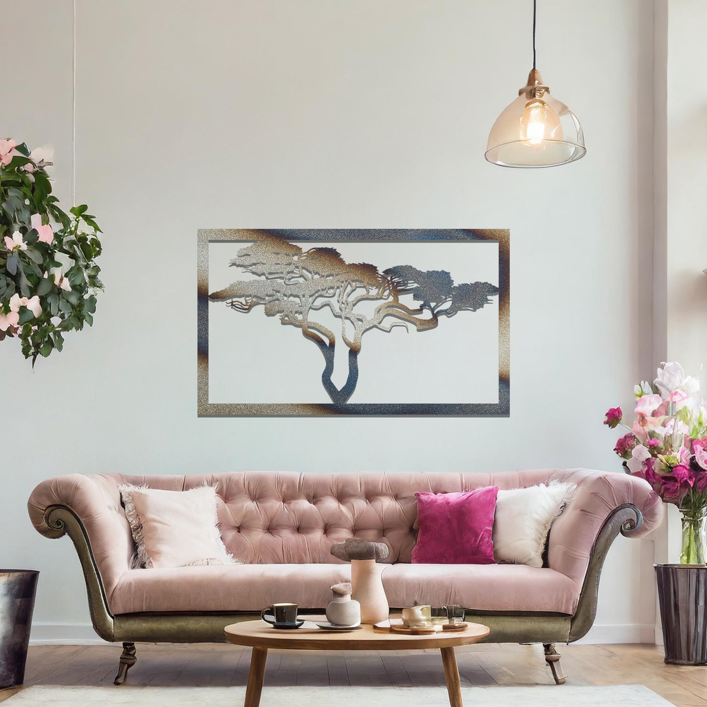 Metal wall art featuring a rectangular design with a silhouette of an African tree, showcasing intricate branch details, mounted on a neutral wall within modern office decor. The elegant craftsmanship adds a natural and sophisticated touch to the contemporary workspace.