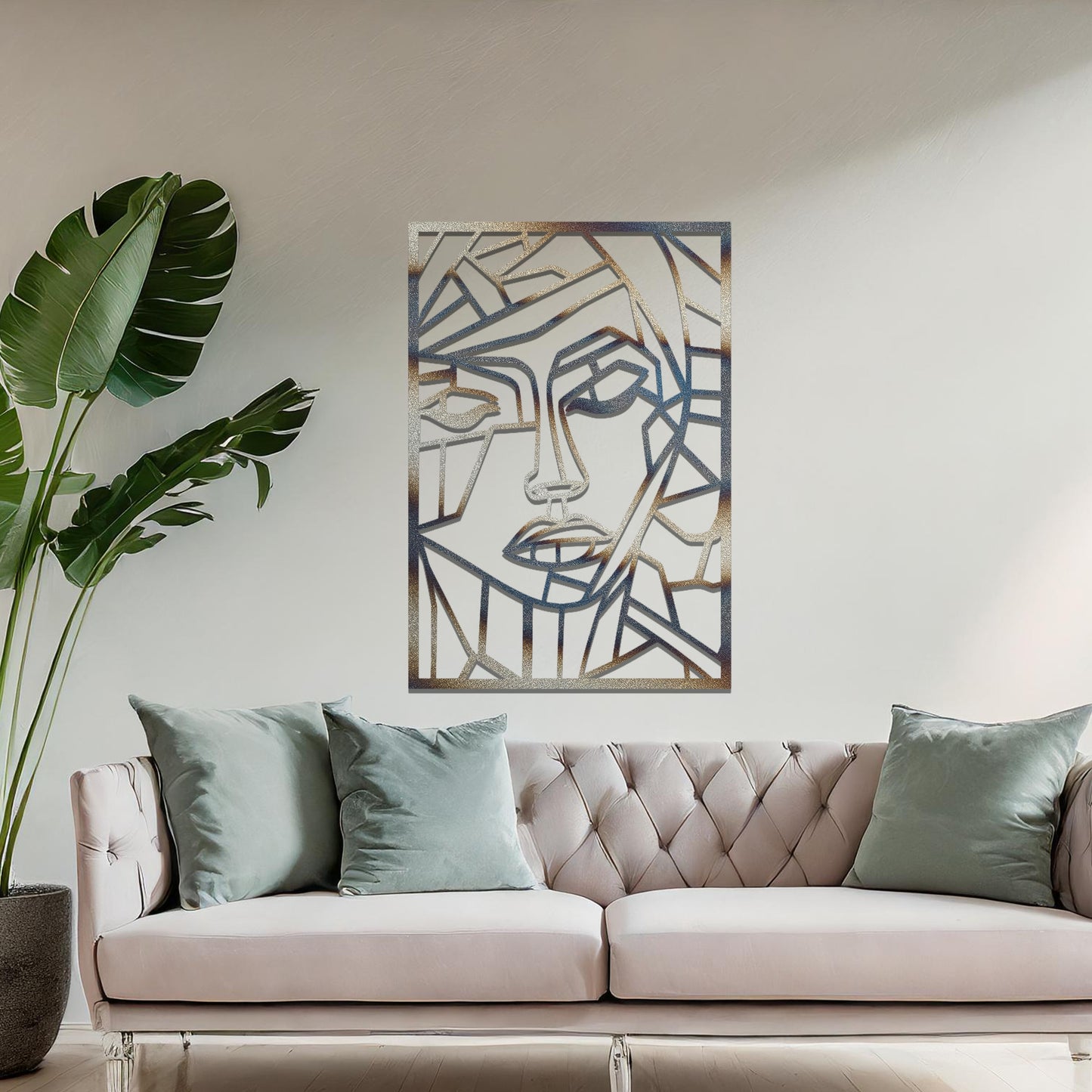 Abstract geometric wall art design of a face, created through angular, fragmented lines that form a modern and artistic interpretation of human features.
