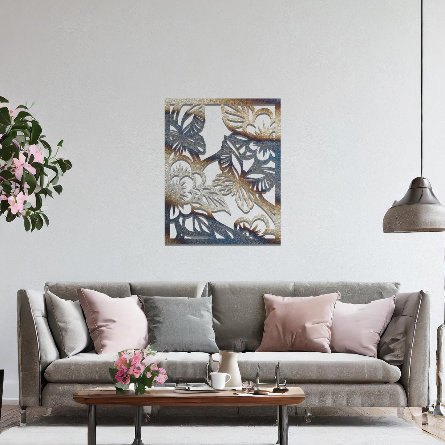 Metal wall art featuring a square design with a floral motif of blooming flowers and intricate leaves, mounted on a neutral wall within modern bedroom decor. The delicate detailing and natural theme create a soothing and elegant focal point, enhancing the space's aesthetic.