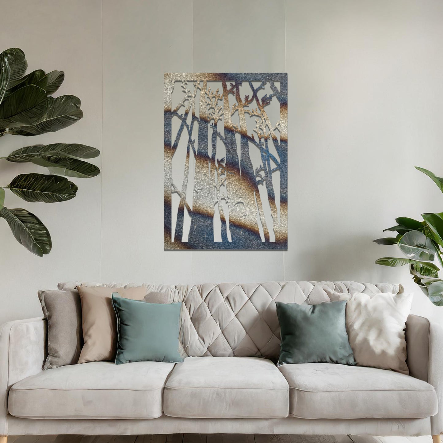 Metal wall art featuring a rectangular design of tall trees with bare branches, showcasing intricate details, displayed on a neutral wall within modern decor.