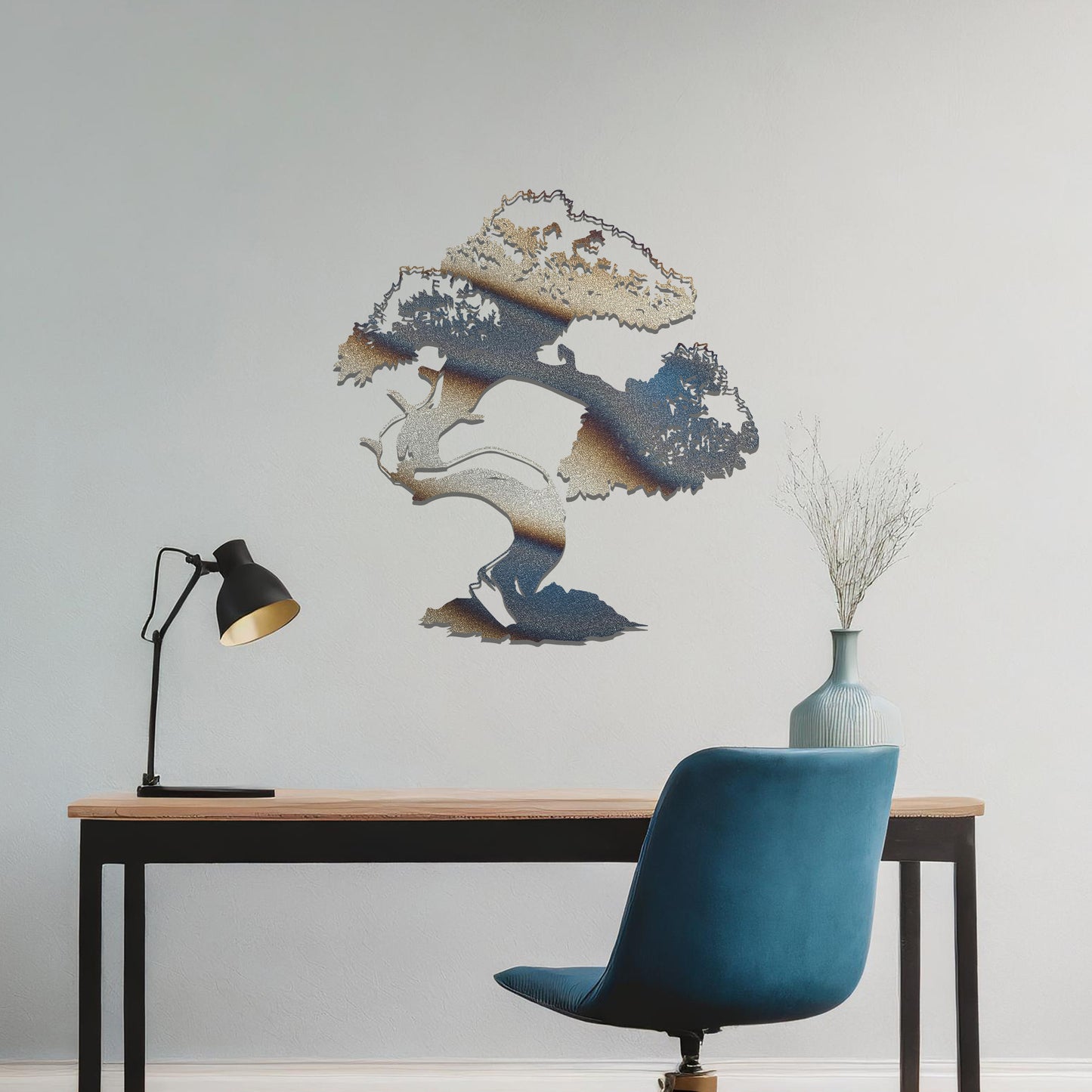 Metal wall art featuring a beautifully detailed bonsai tree design with a gracefully twisted trunk and a lush, intricate canopy, adding an elegant and nature-inspired focal point to the room's decor.