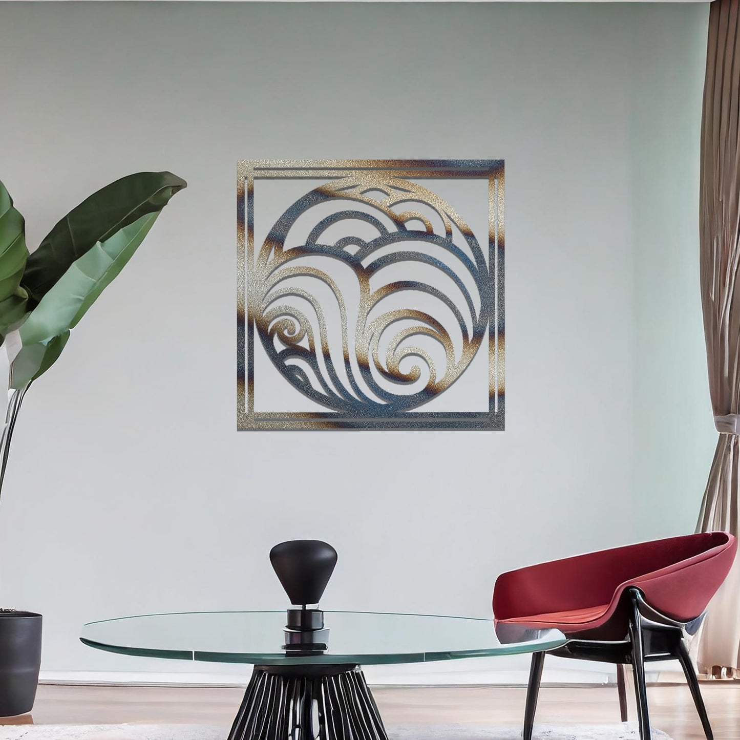 Metal wall art featuring a square design with swirling wave patterns inside a circular frame, mounted on a neutral wall within modern decor. The flowing lines and fluid shapes create a peaceful and dynamic focal point, enhancing the space.