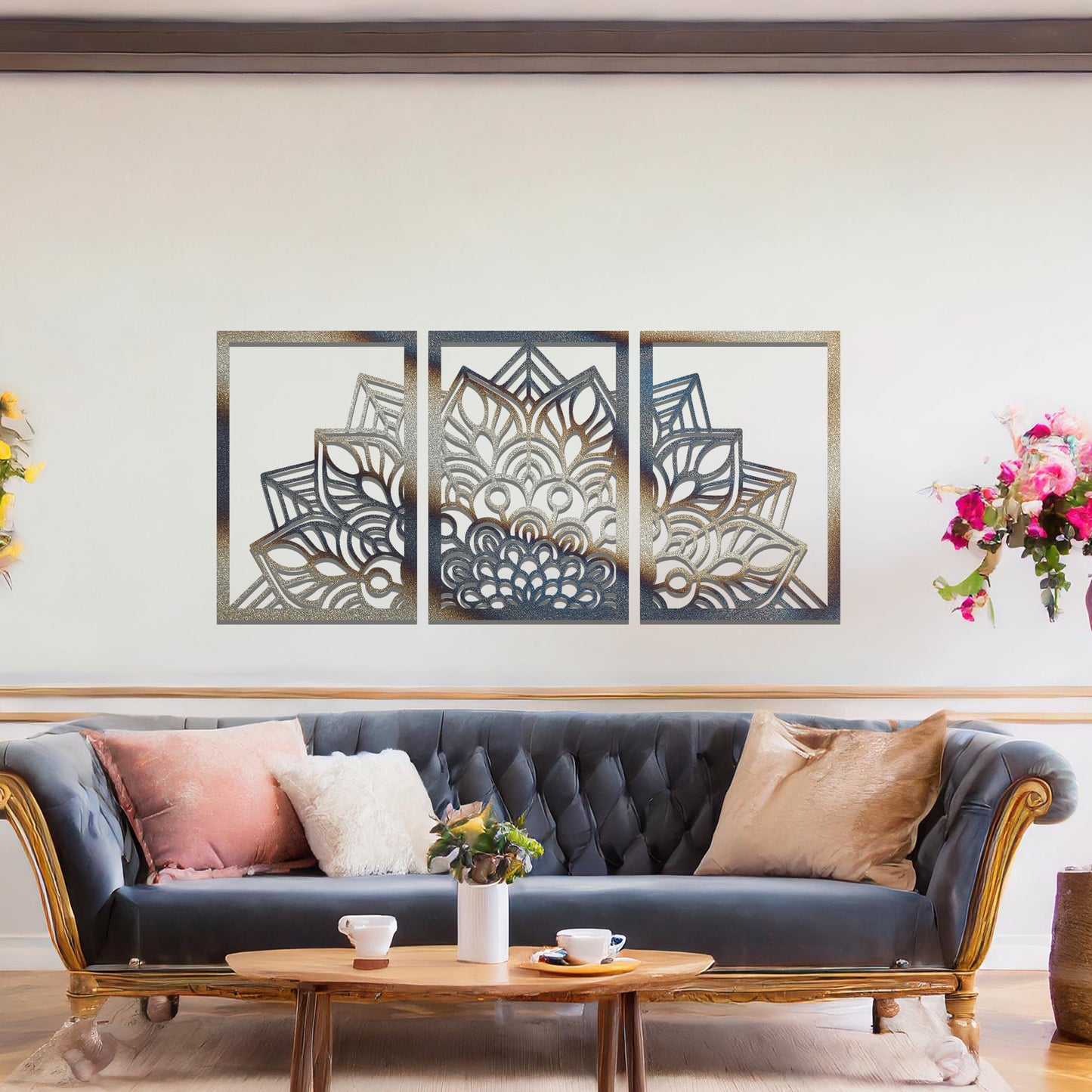 A metal wall art design featuring a detailed mandala pattern, divided into three panels. The intricate floral design is framed within each section. The art is displayed on a neutral wall in a modern bedroom, adding elegance to the peaceful setting.