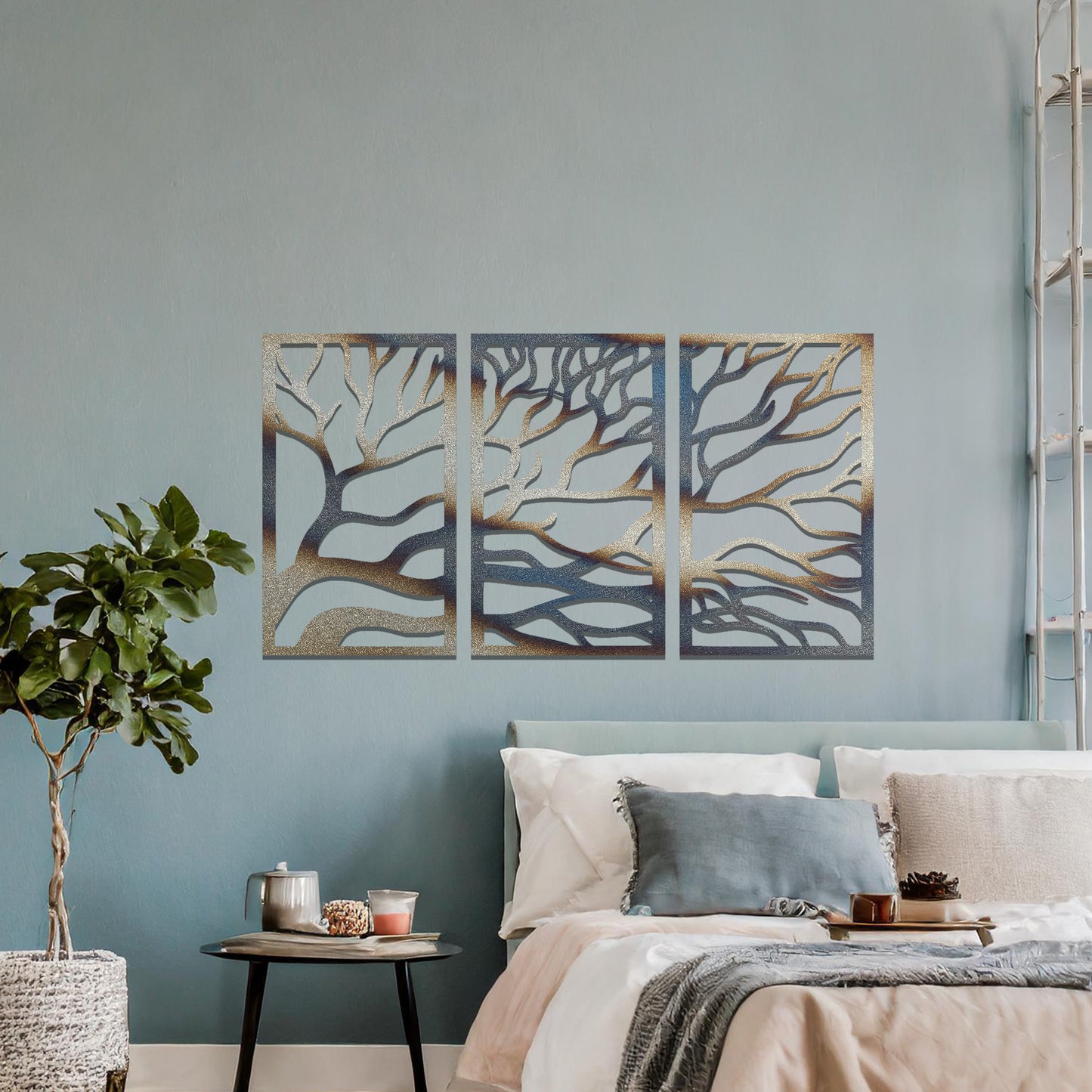 Three-panel tree design featuring intricate, flowing branches, offering a unique and organic aesthetic for modern wall decor.