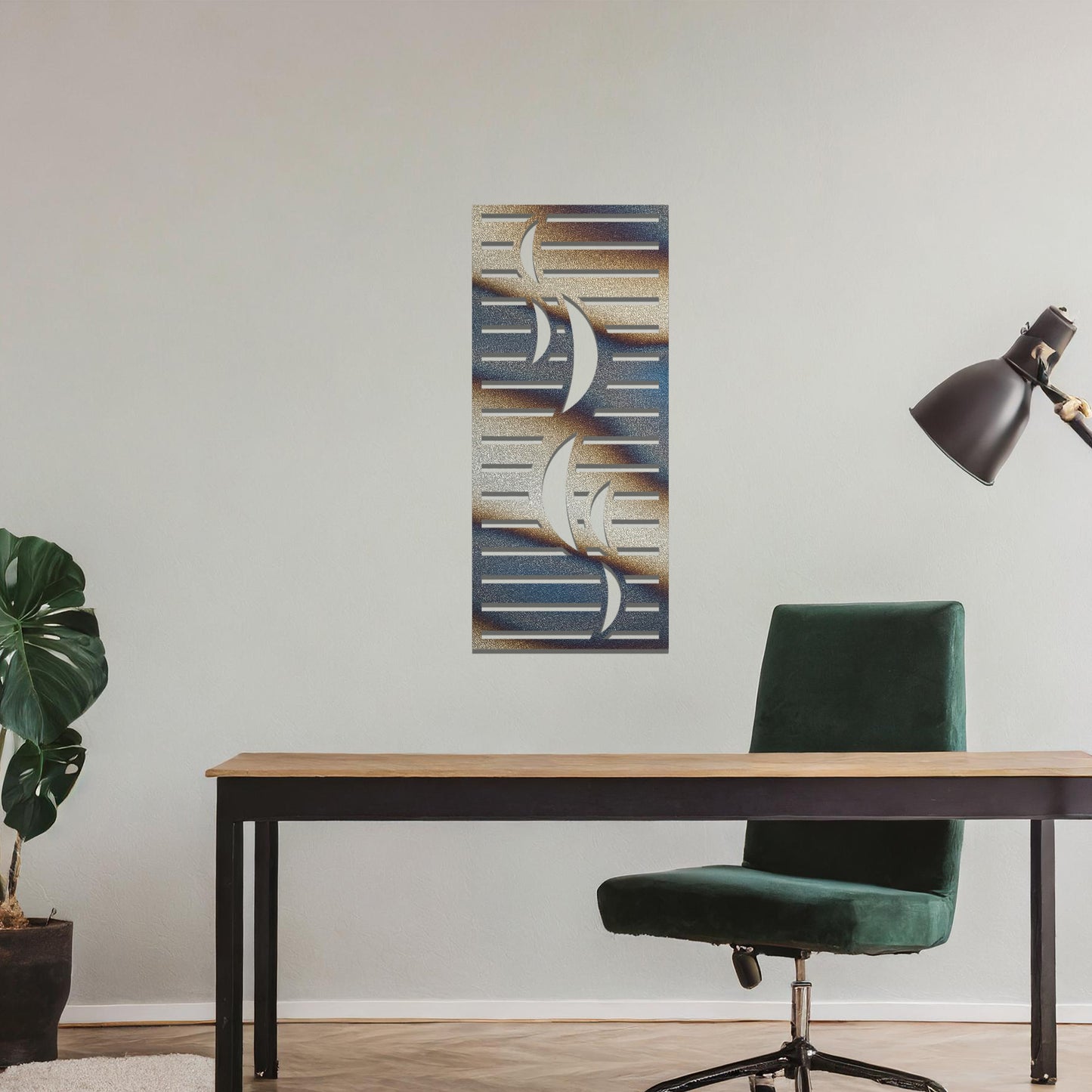 A sleek and modern metal wall art design featuring curving abstract shapes set against horizontal stripes, creating a dynamic and contemporary look. The artwork is displayed on a neutral wall within a stylish, minimalistic setting.