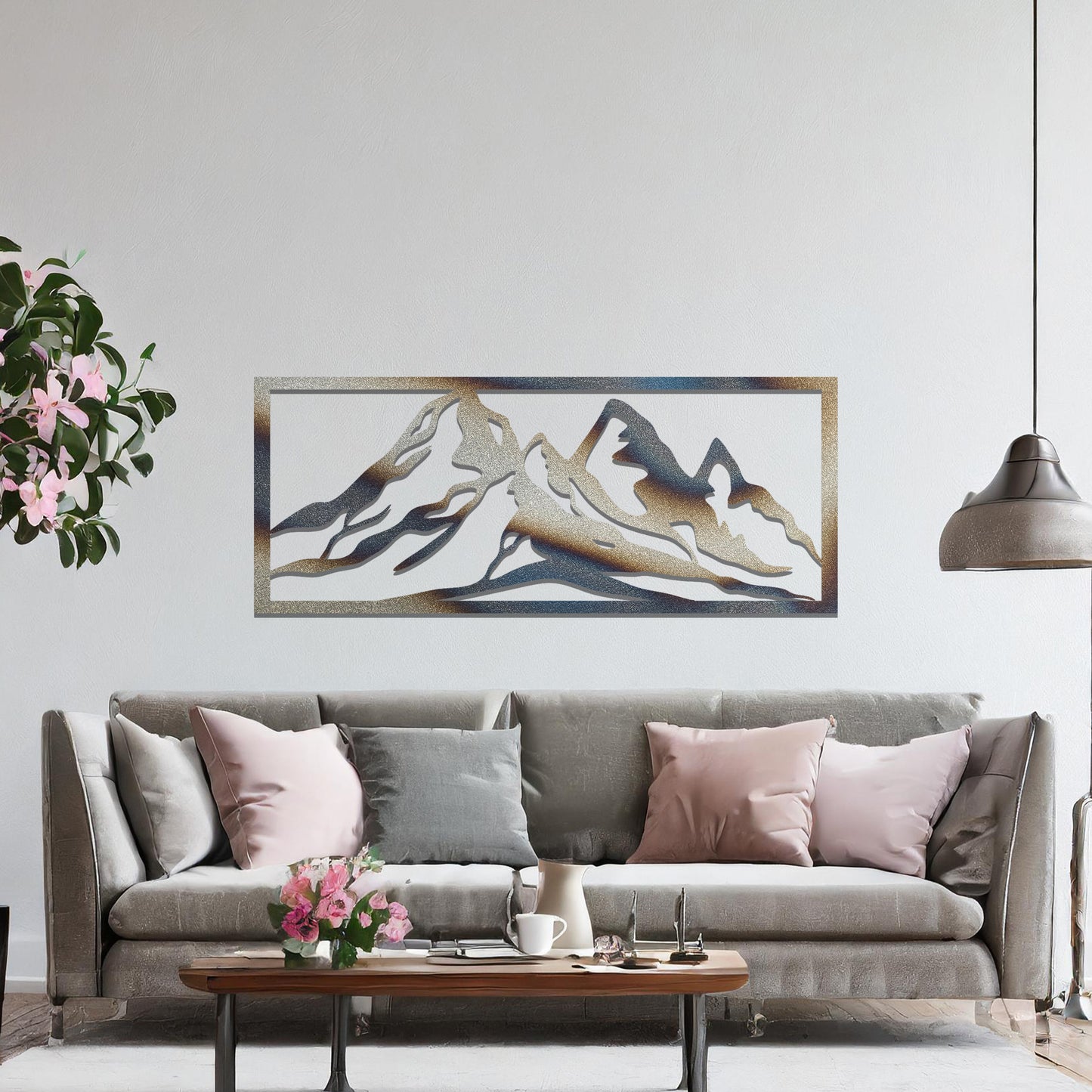 A captivating wall art design featuring a majestic mountain range, crafted with clean lines and artistic contours to evoke a sense of adventure and natural beauty. Perfect for enhancing your interior aesthetic.