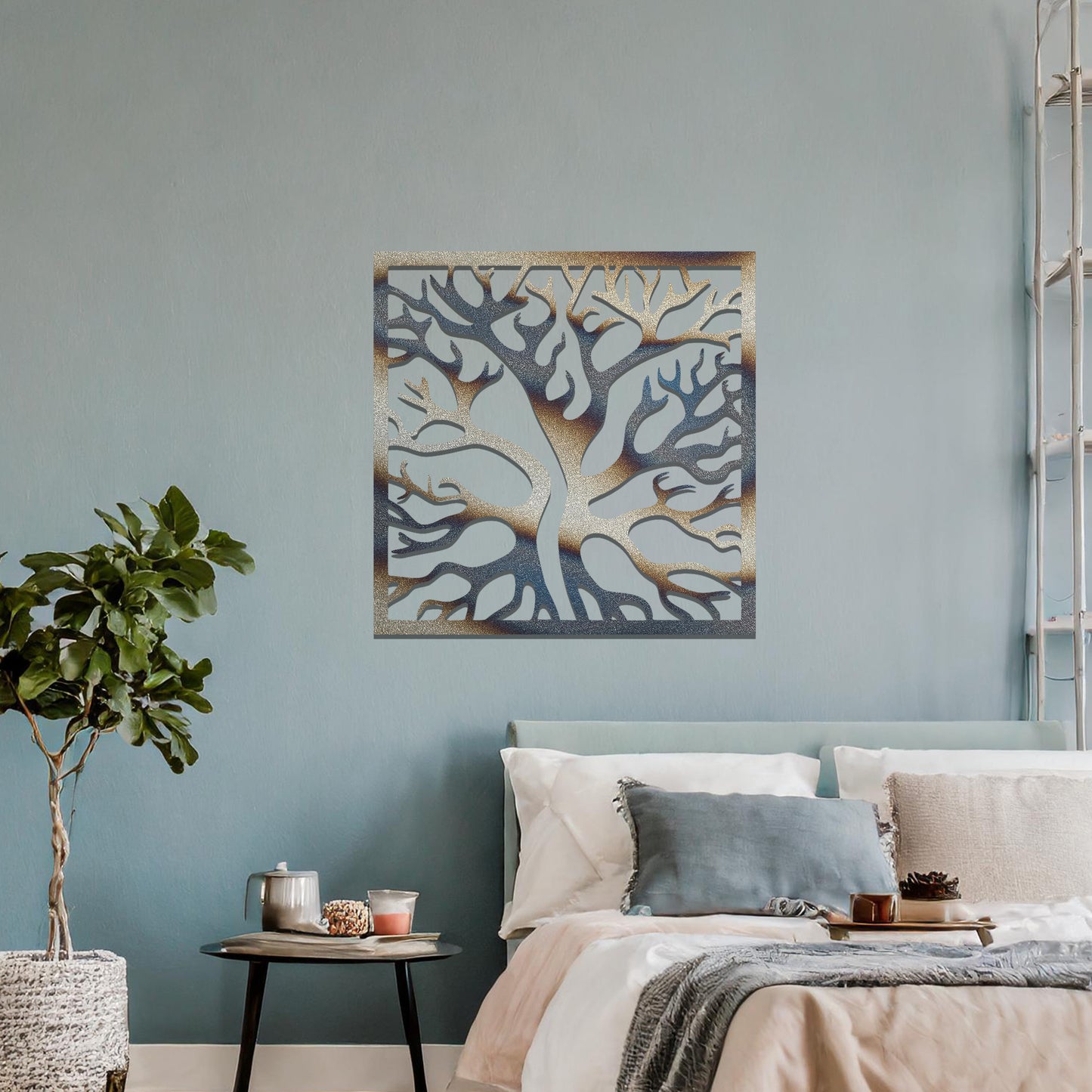 Abstract tree design with intricate branches, framed in a square shape, creating a bold and artistic look for modern wall decor.