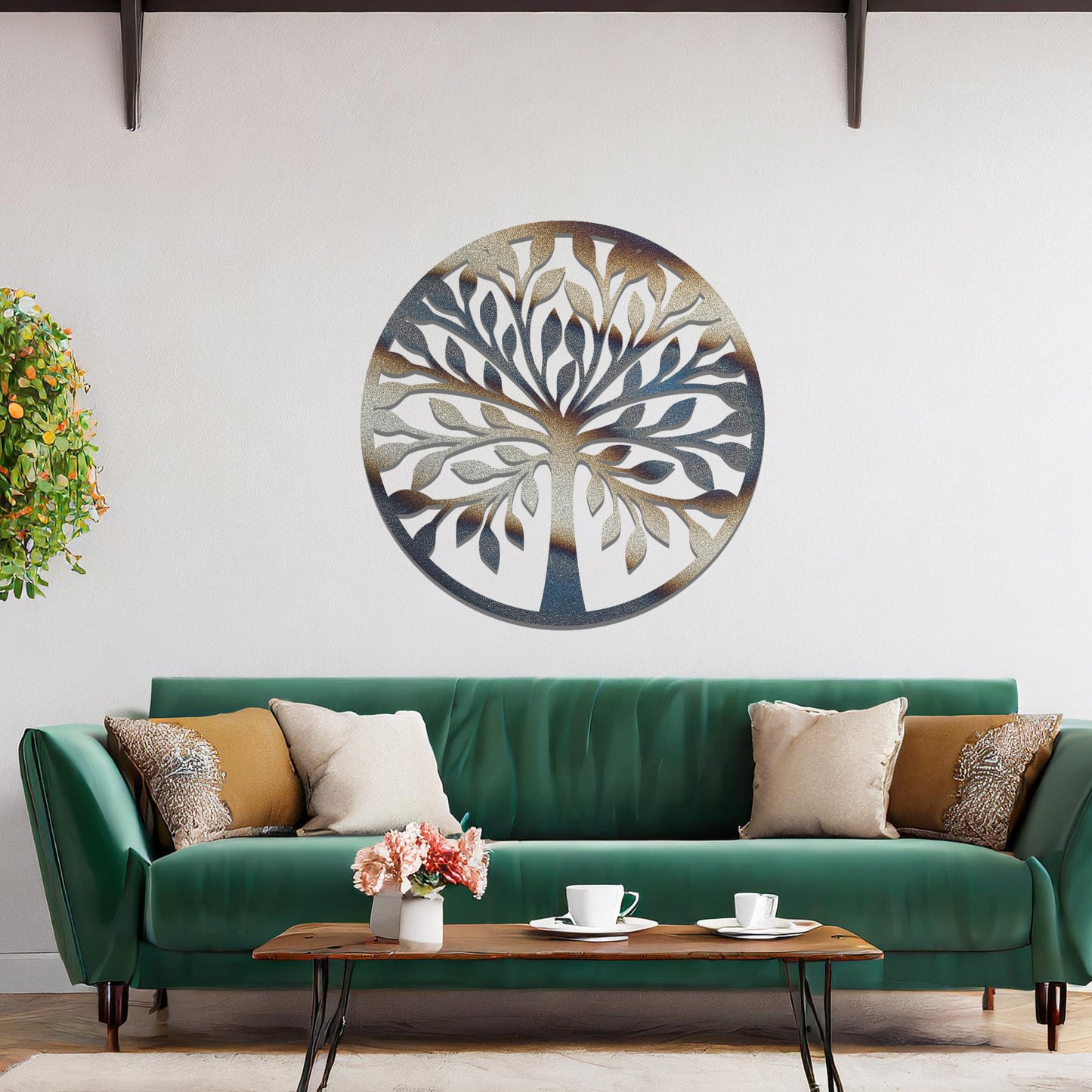 Metal wall art featuring a circular tree design with symmetrical branches and leaves, creating a balanced and nature-inspired focal point for the room.