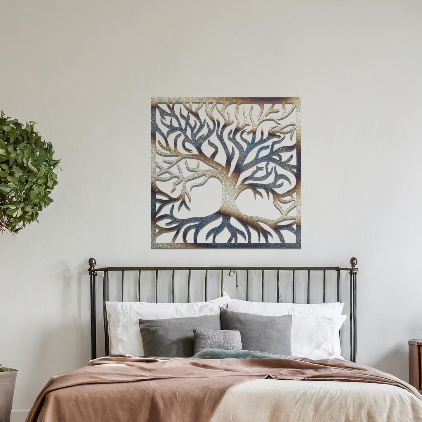 Wall art design showcasing a silhouette of a tree with intricate branches and roots, framed in a square, symbolising strength and growth through its detailed organic pattern.