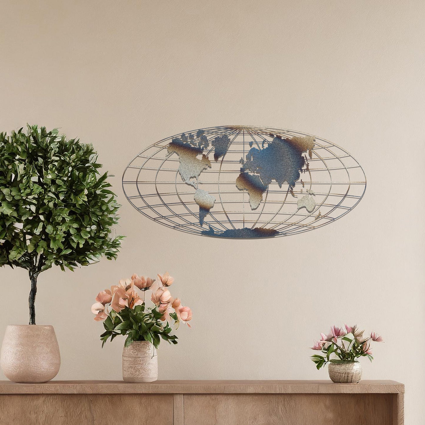 Metal wall art featuring a detailed world map design within an oval grid pattern, crafted with precise laser-cut techniques, displayed on a neutral wall within modern decor.