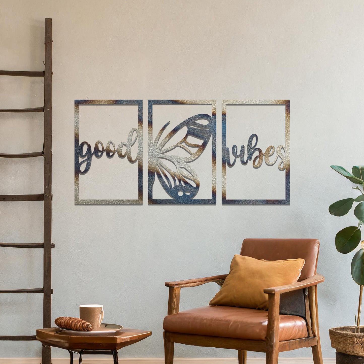 A charming triptych wall art design with a "good vibes" script and a central butterfly illustration. Perfect for creating a positive and uplifting atmosphere in your living space.