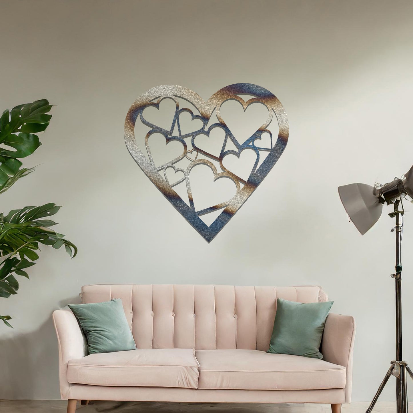 Modern heart-shaped wall art featuring a pattern of interconnected hearts, creating a stylish and romantic accent for your living space.