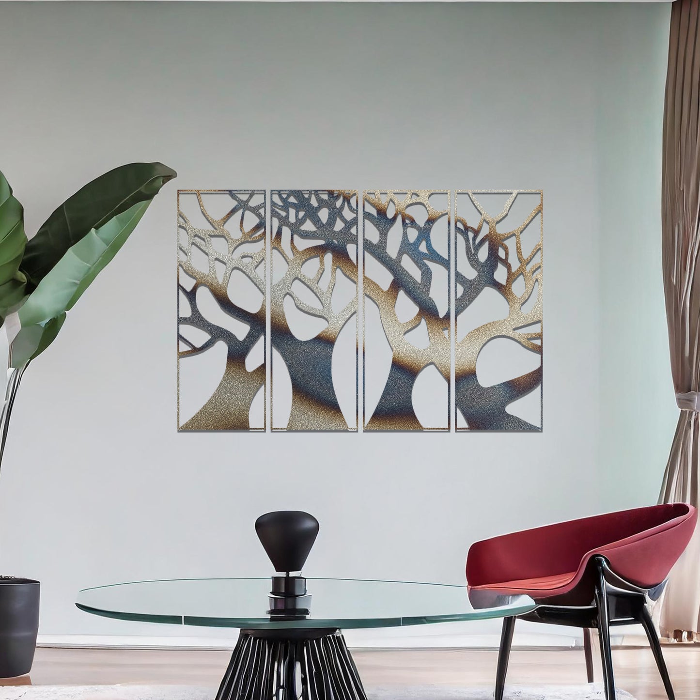 Metal wall art featuring a four-panel design of interconnected tree trunks and branches, showcasing intricate details and organic shapes, creating a striking and nature-inspired statement piece for the interior.