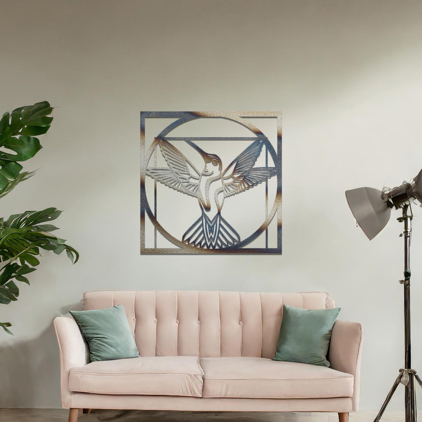 Square wall art featuring a hummingbird in a geometric frame, its wings spread gracefully within a circular design, adding a harmonious and elegant focal point to your space.