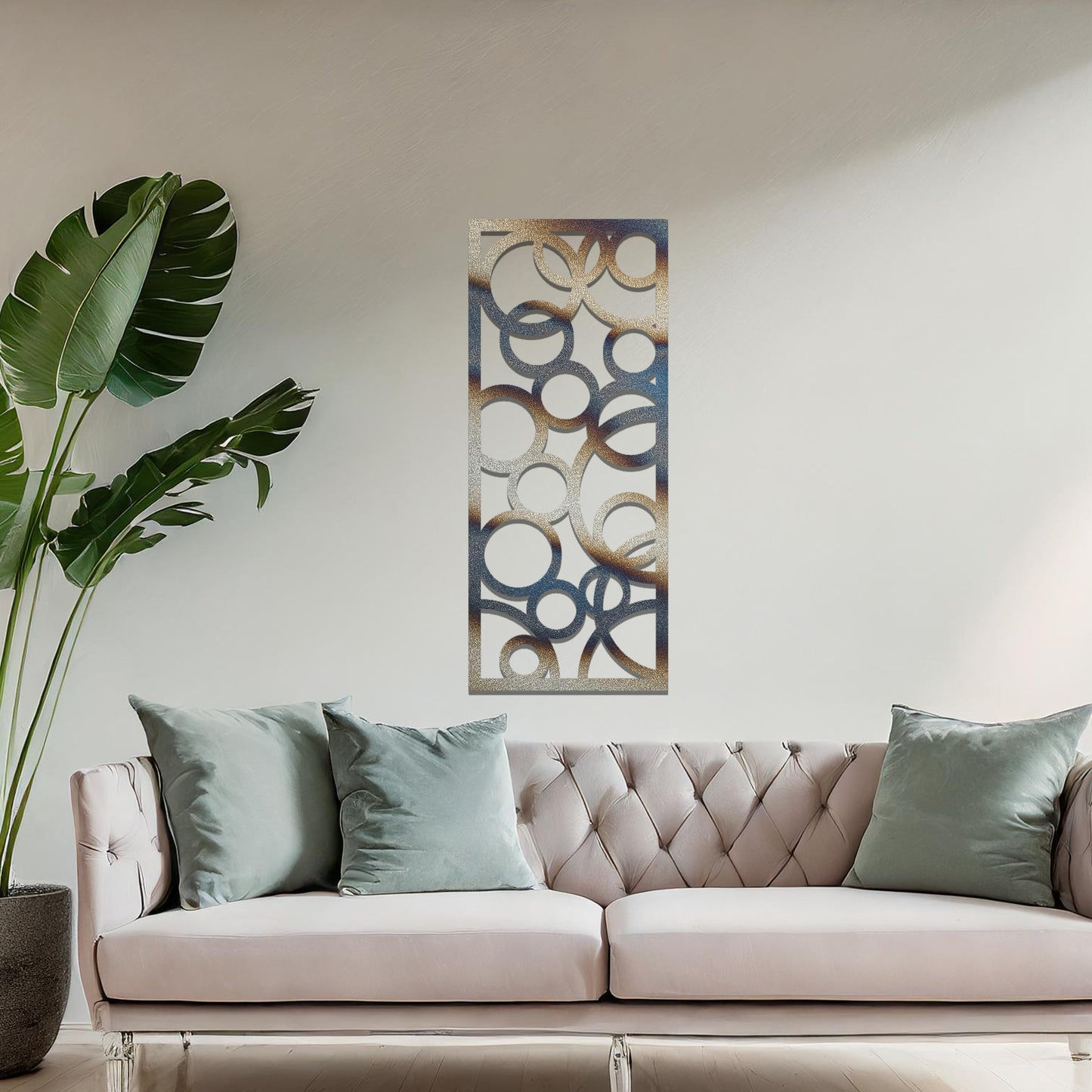 Geometric wall art design featuring an arrangement of overlapping and varying-sized circles, creating a dynamic and modern aesthetic.