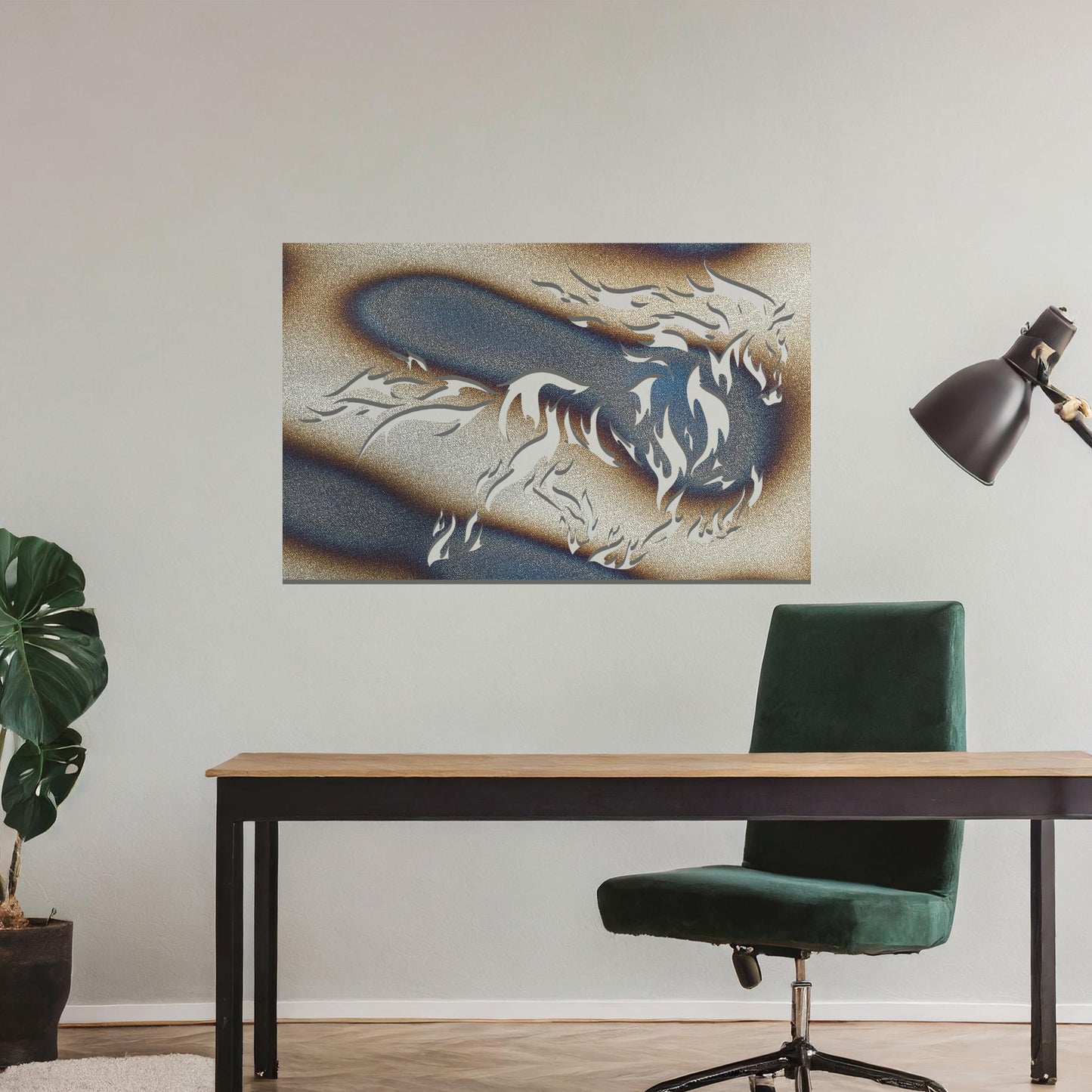 A metal wall art design featuring a powerful horse in motion, with flames integrated into its mane and tail, creating a dynamic and dramatic effect. The artwork is displayed on a neutral wall within a modern setting, enhancing the space's bold, stylish look.