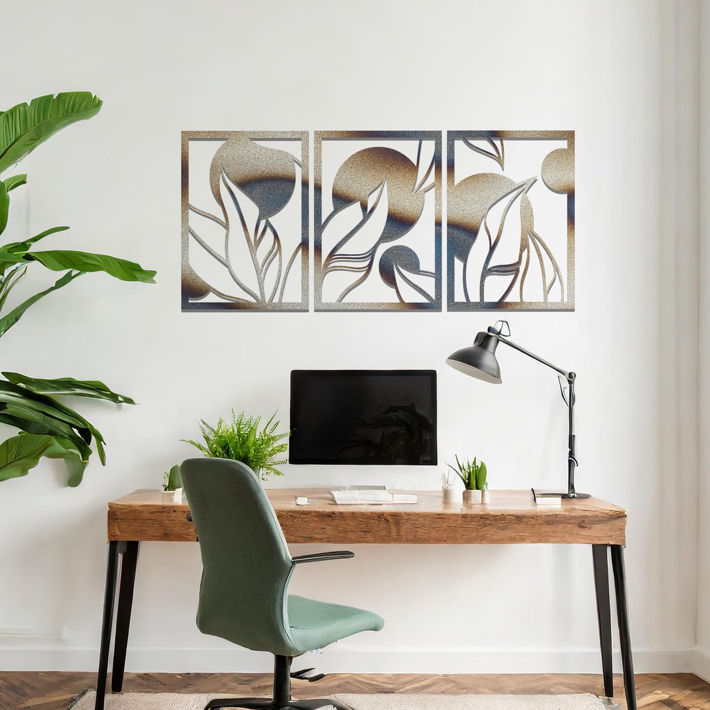 Metal wall art featuring a three-panel design with abstract floral and circular elements, mounted on a neutral wall within modern decor. The rust finish and fluid shapes create a warm and artistic focal point in the room.
